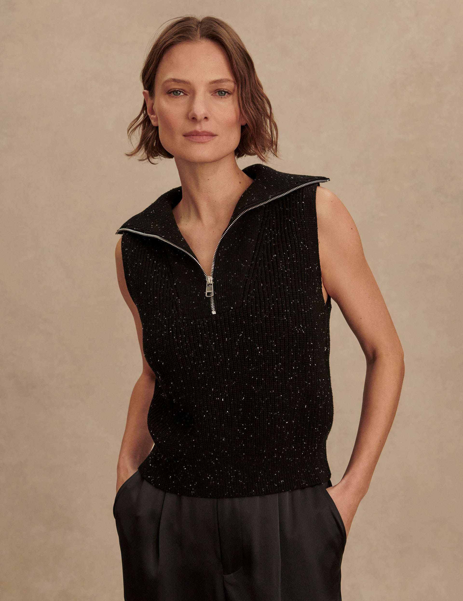 Hally Half-Zip Rib Vest - Black Fleck