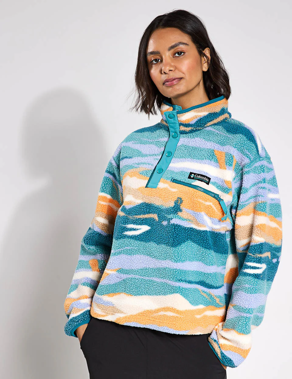 Helvetia II Cropped Sherpa Half Snap Printed Fleece - Teal Rogue Valley