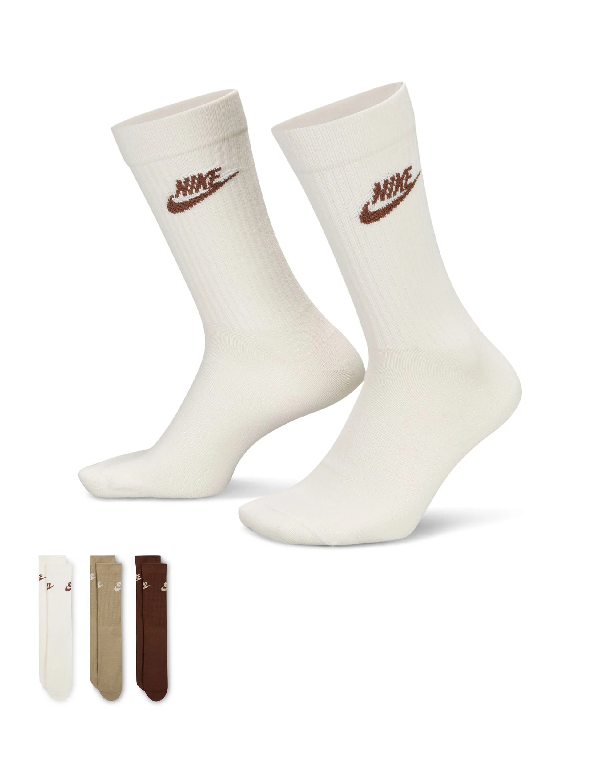 Sportswear Everyday Essential Crew Socks (3 Pairs) - White/Brown