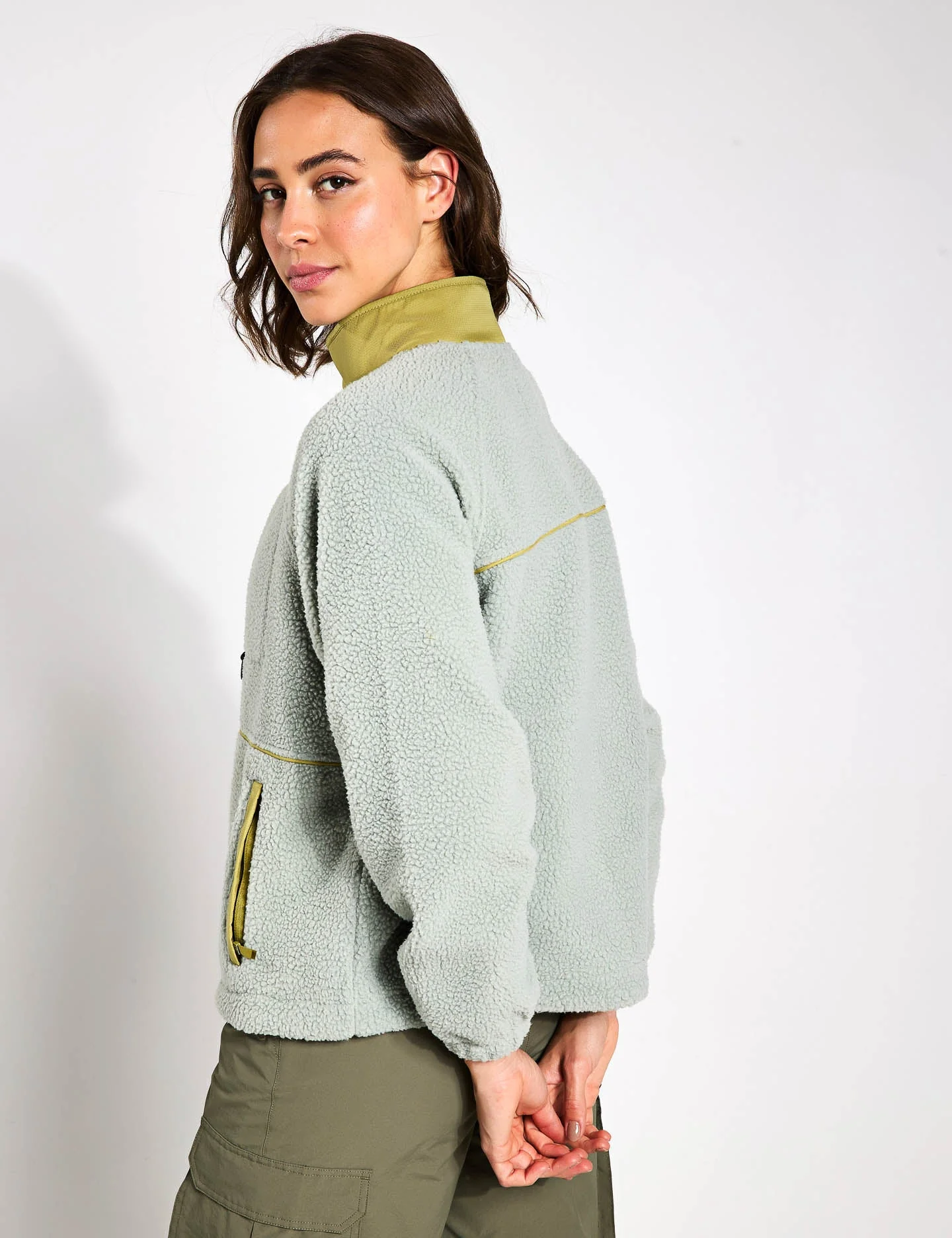 Borg Zip Up Funnel Neck Fleece Jacket - Light Verdigris