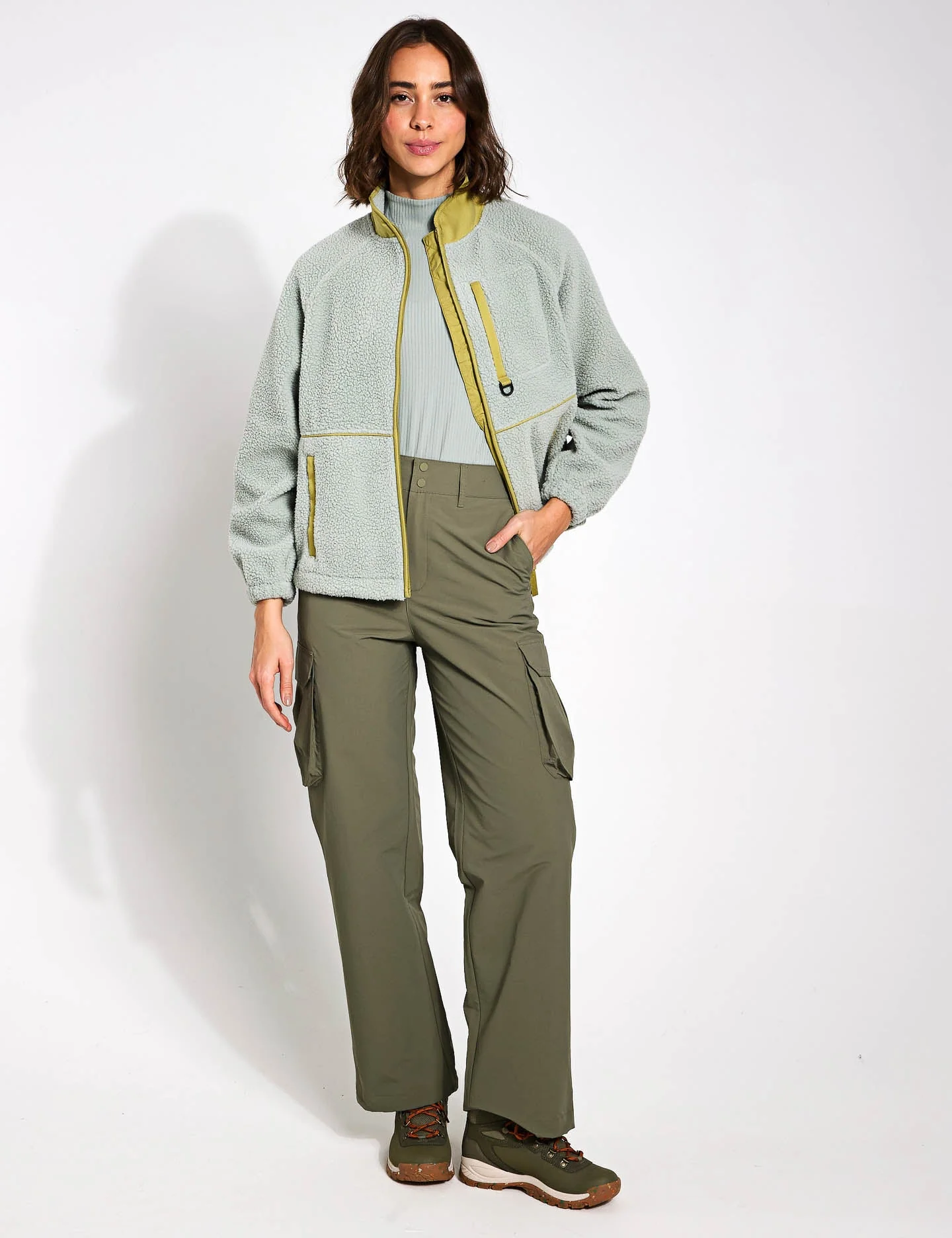 Borg Zip Up Funnel Neck Fleece Jacket - Light Verdigris