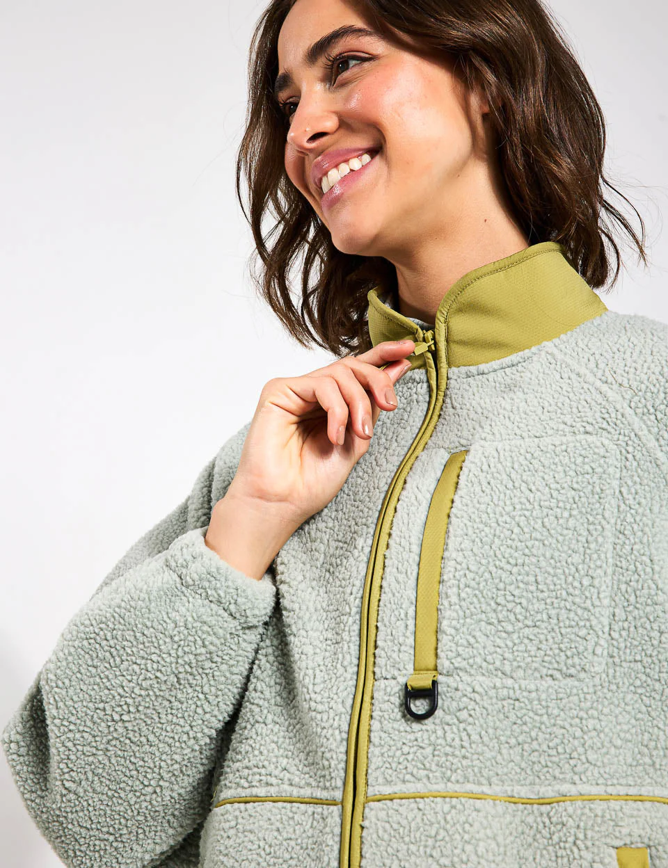 Borg Zip Up Funnel Neck Fleece Jacket - Light Verdigris