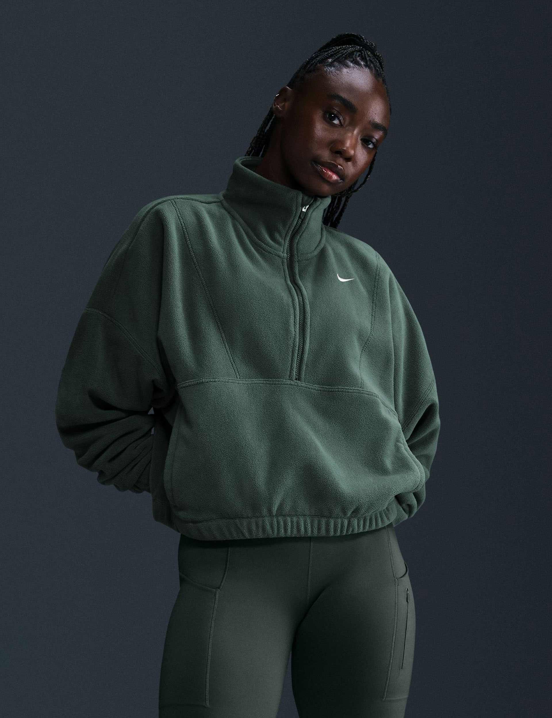 One Oversized 1/2-Zip Fleece Top - Vintage Green/White