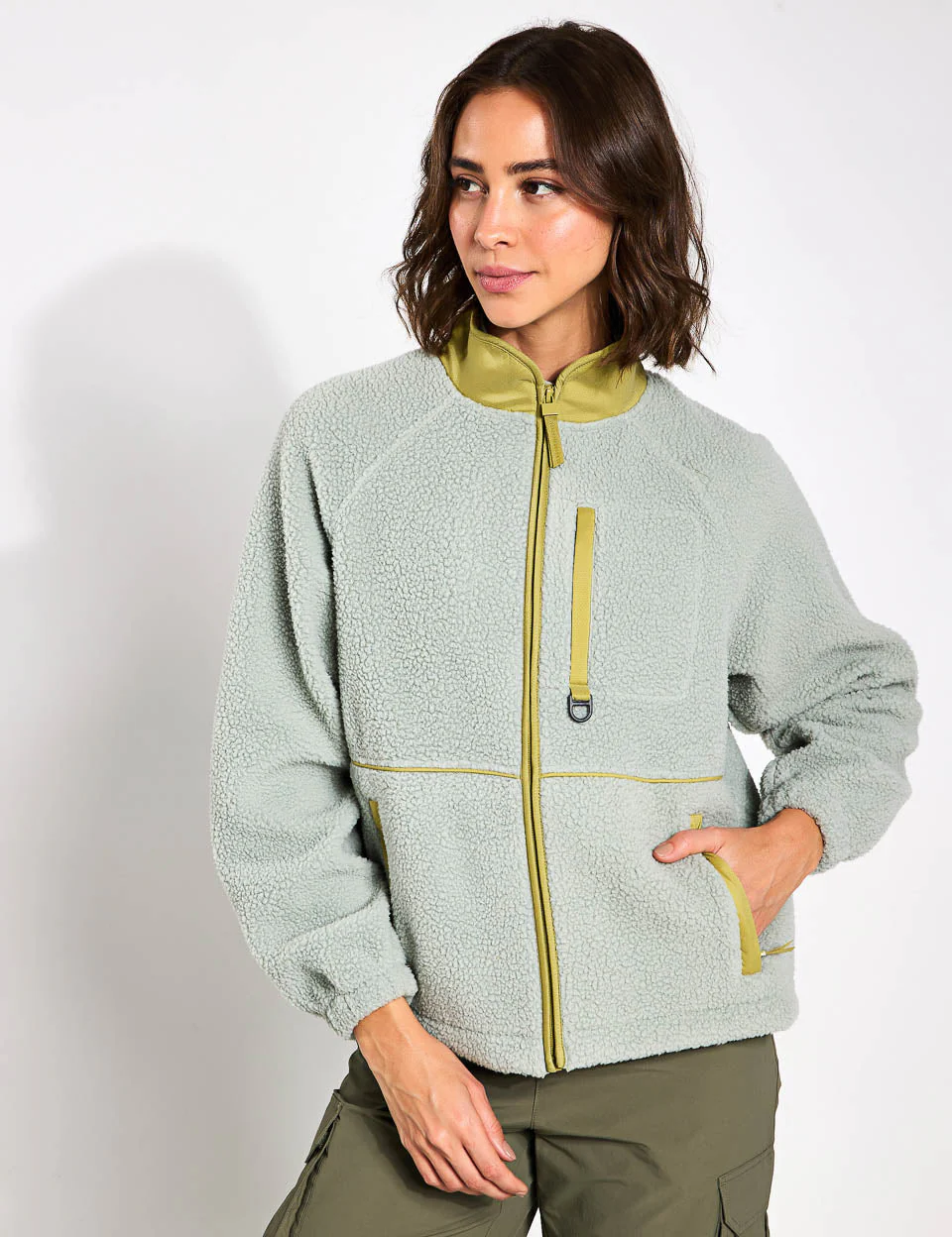 Borg Zip Up Funnel Neck Fleece Jacket - Light Verdigris