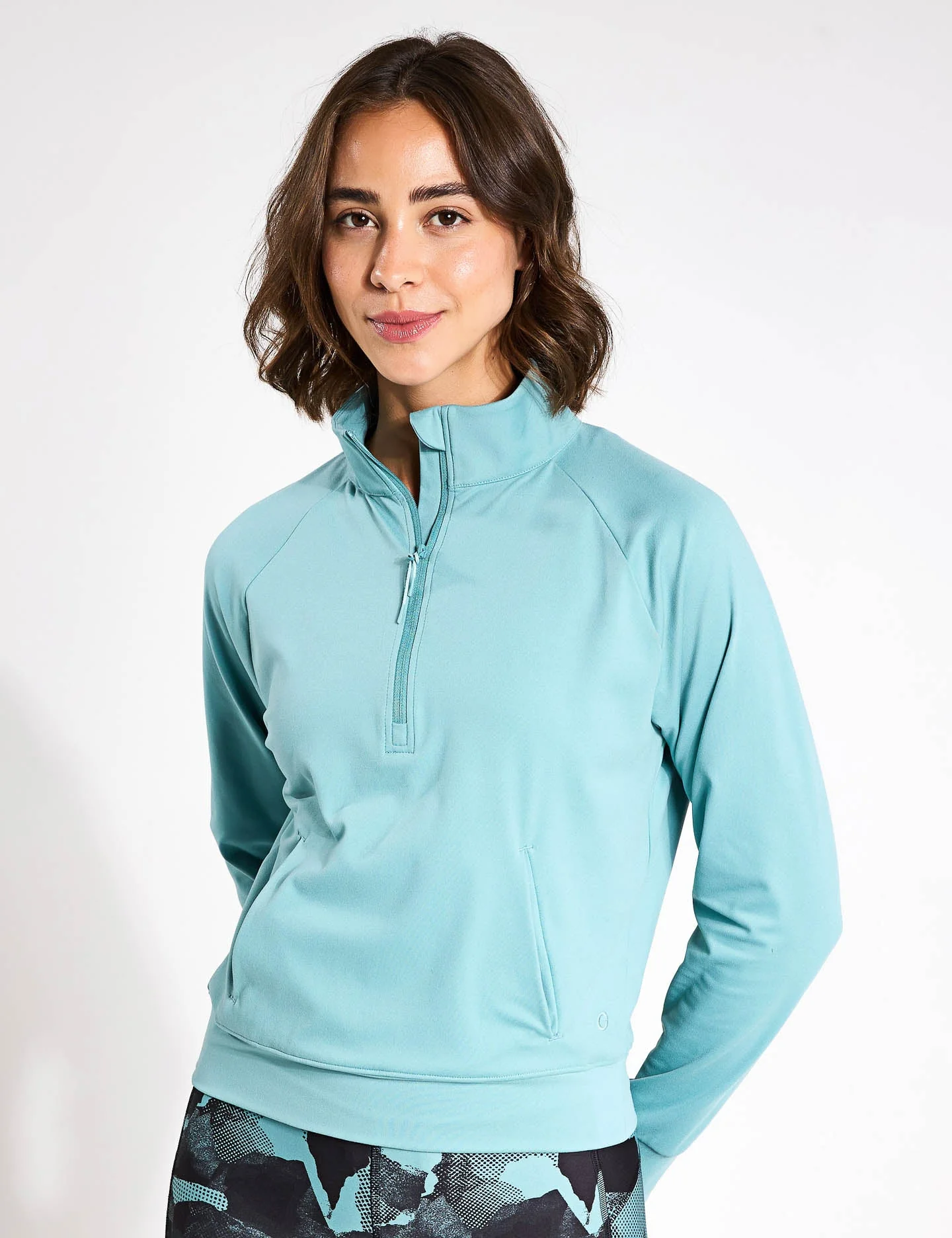Funnel Neck Half Zip Yoga Top - Dusted Aqua