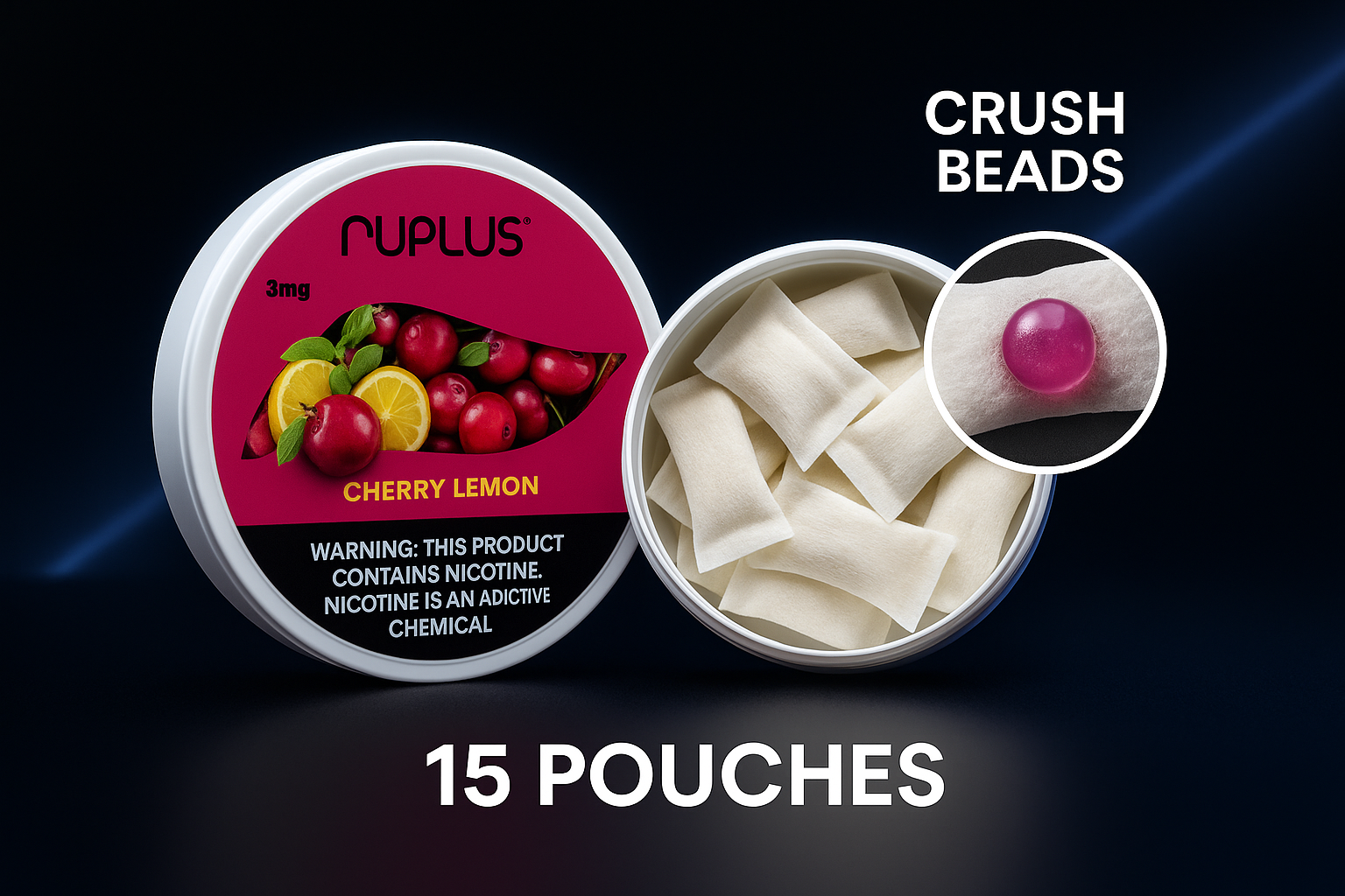 Nuplus Cherry Lemon Nicotine Pouches – 3mg | 5-cans (75 Pouches) | Crush Bead Flavor Burst - ZULUTIN