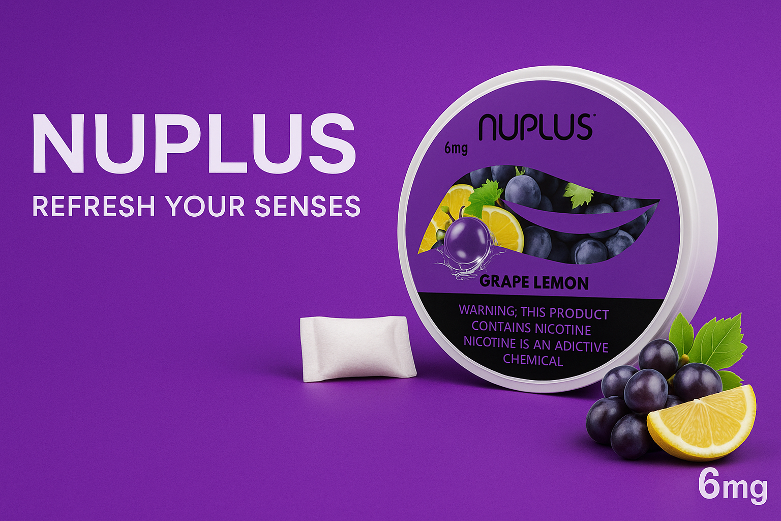 5-Cans (75 Pouches) Nuplus Grape Lemon Nicotine Pouches – 3mg || Crush Bead - ZULUTIN