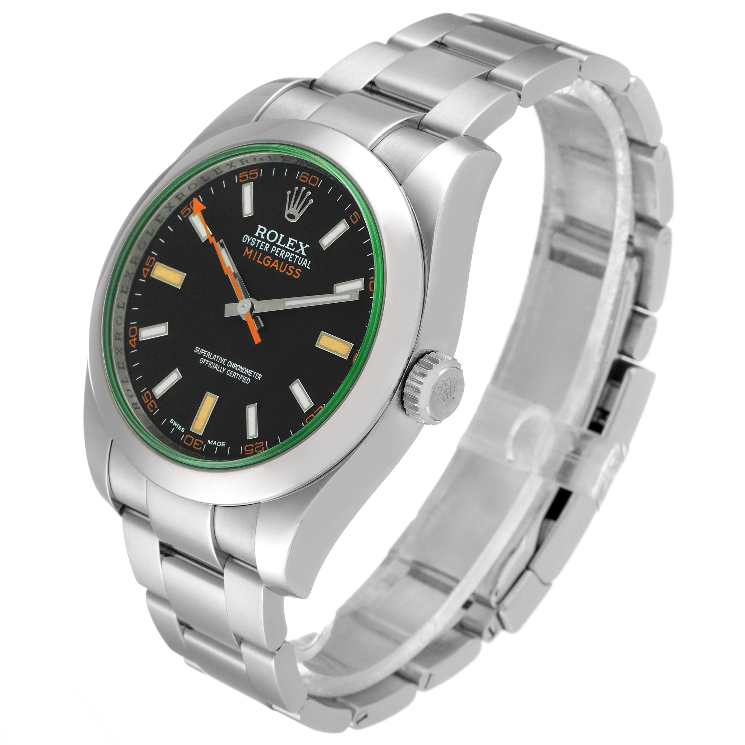 Rolex Milgauss Black Dial Green Crystal Steel Mens Watch 116400V Box Card