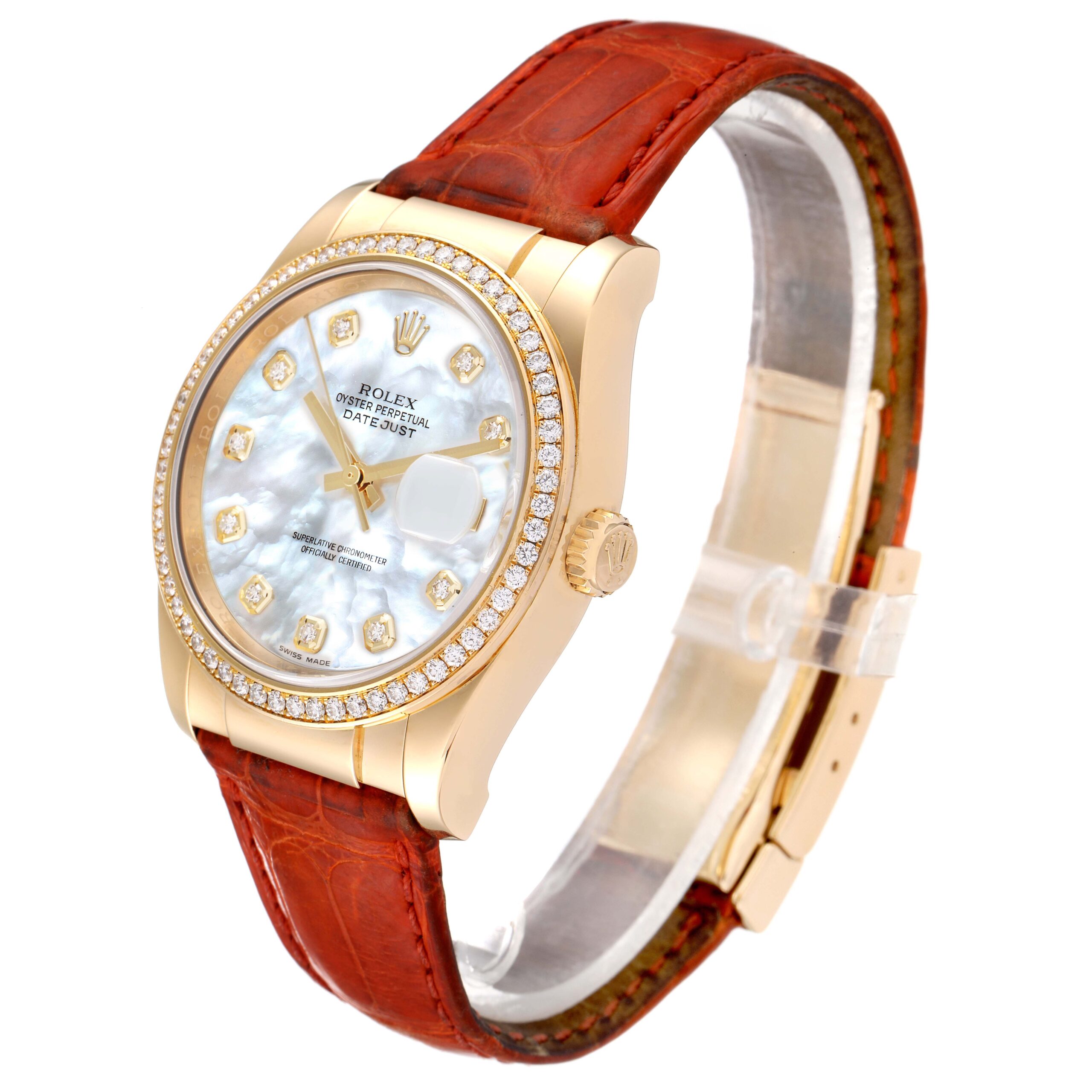 Rolex Datejust Yellow Gold Mother of Pearl Diamond Mens Watch 116188 Box Card