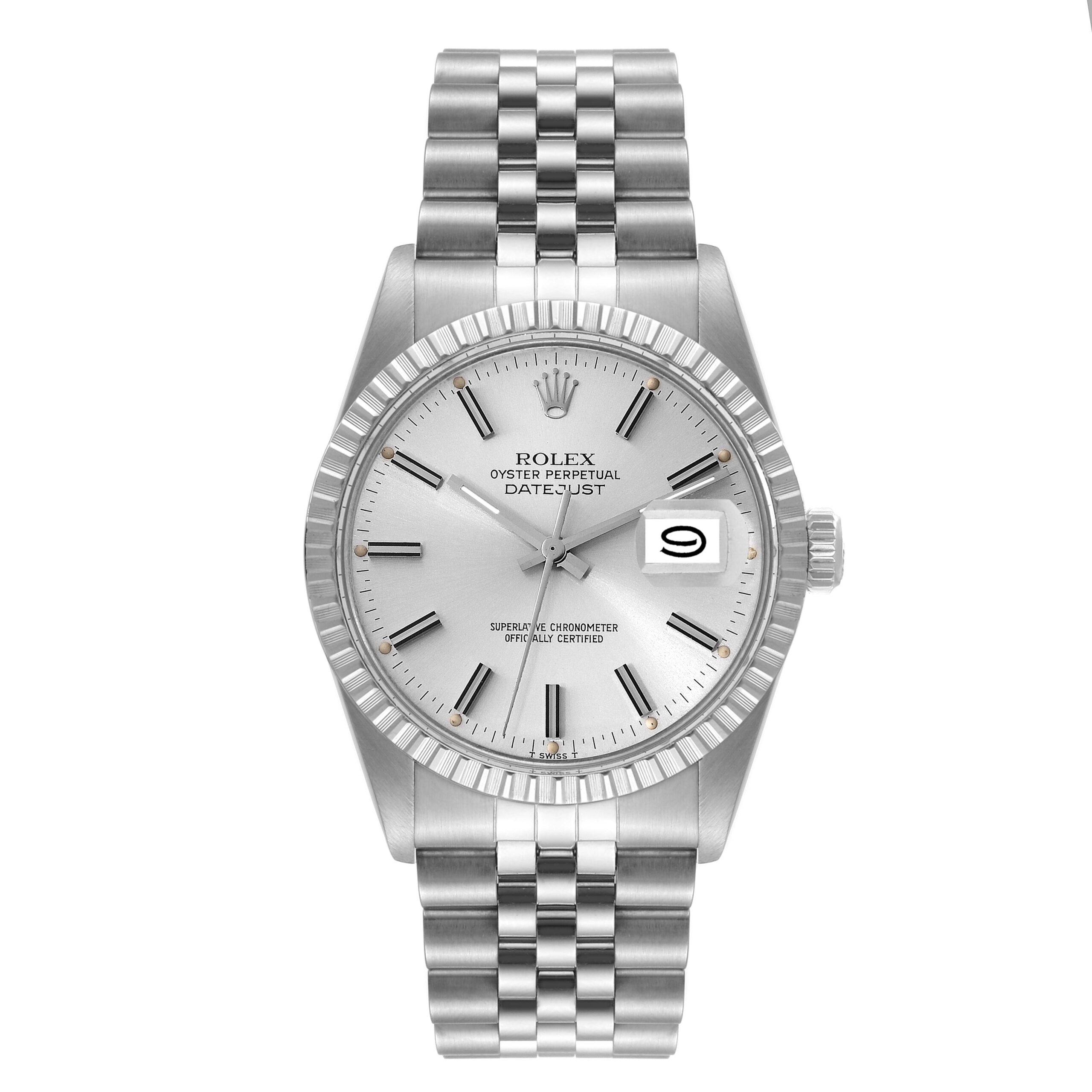 Rolex Datejust Steel Silver Dial Engine Turned Bezel Vintage Mens Watch 16030