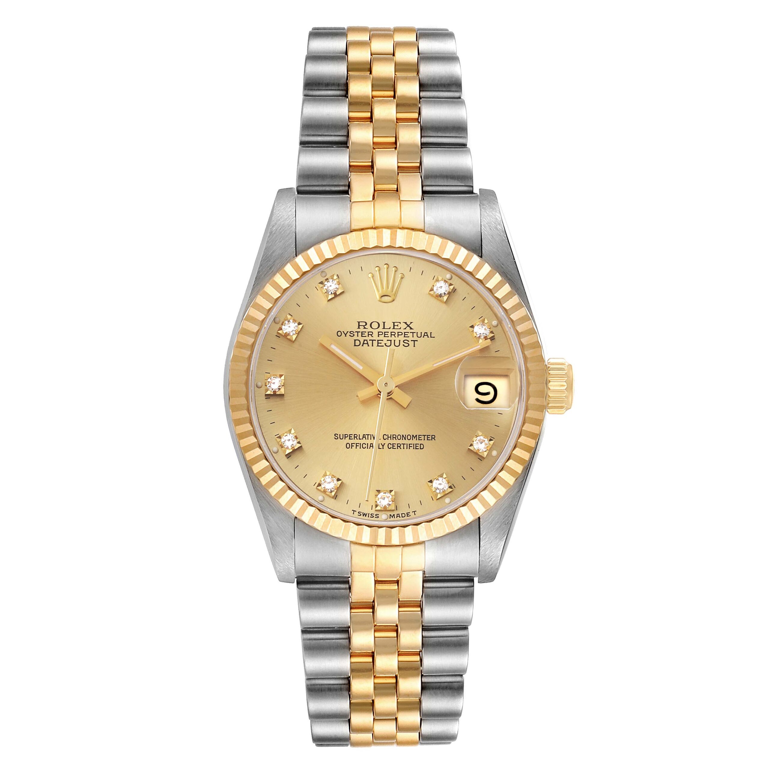 Rolex Datejust Midsize Steel Yellow Gold Diamond Dial Ladies Watch 68273