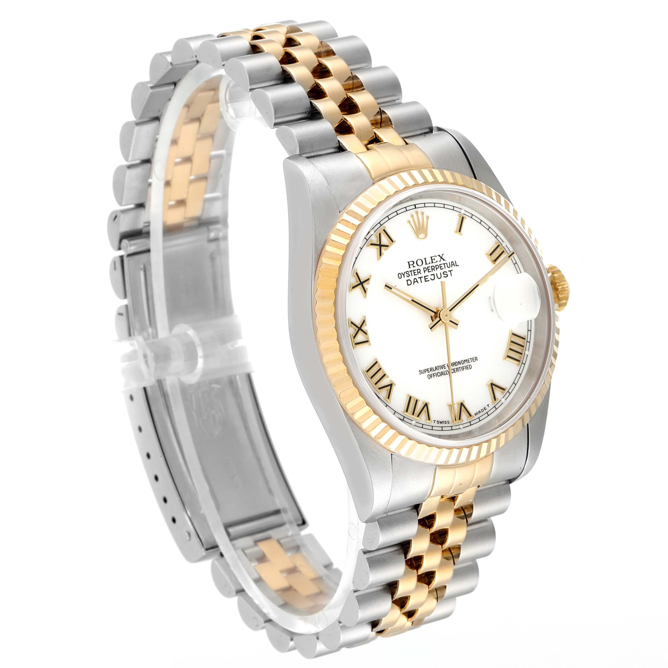 Rolex Datejust Steel Yellow Gold White Roman Dial Mens Watch 16233