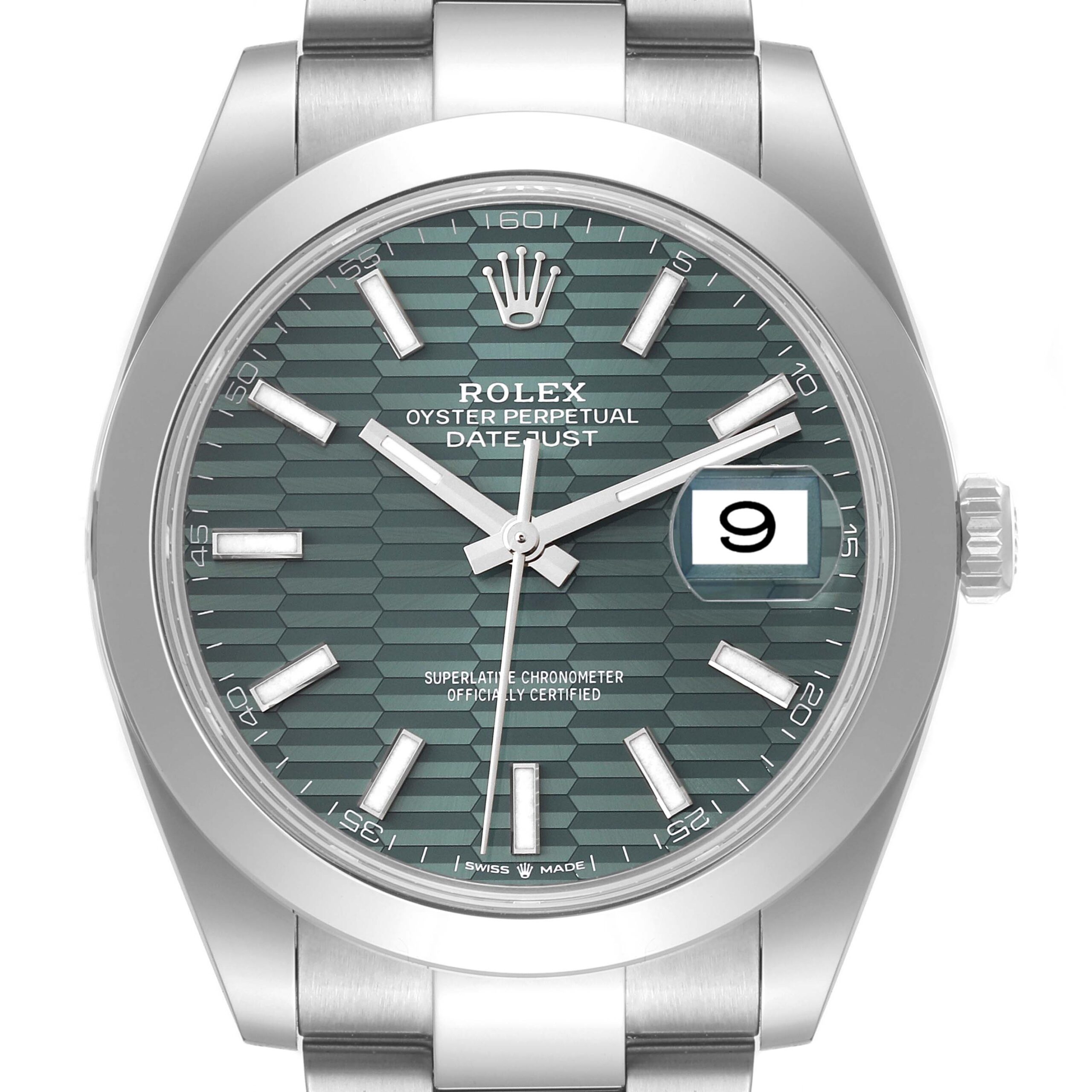 Rolex Datejust 41 Mint Green Fluted Dial Smooth Bezel Mens Watch 126300 Unworn