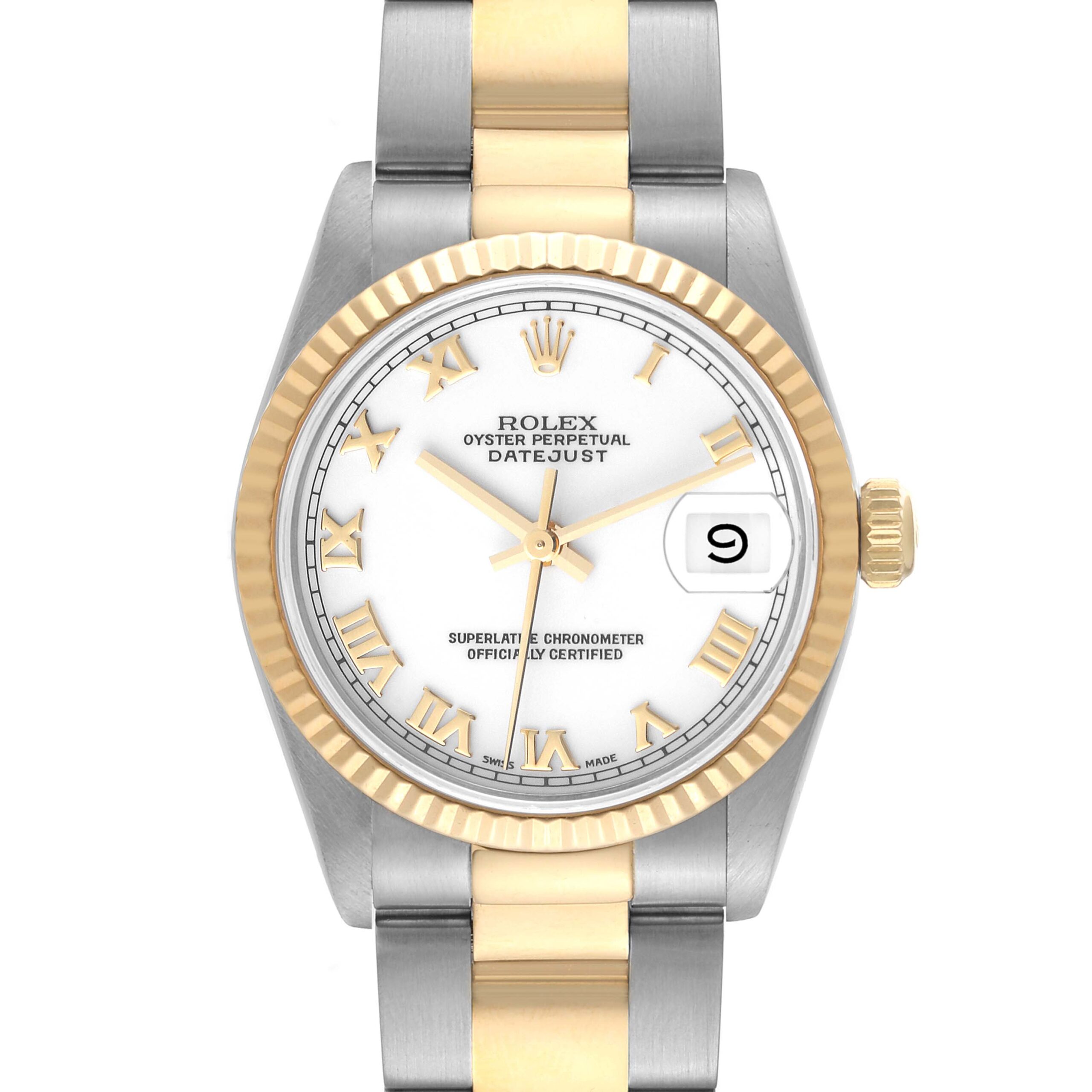 Rolex Datejust Midsize Steel Yellow Gold White Roman Dial Ladies Watch 68273