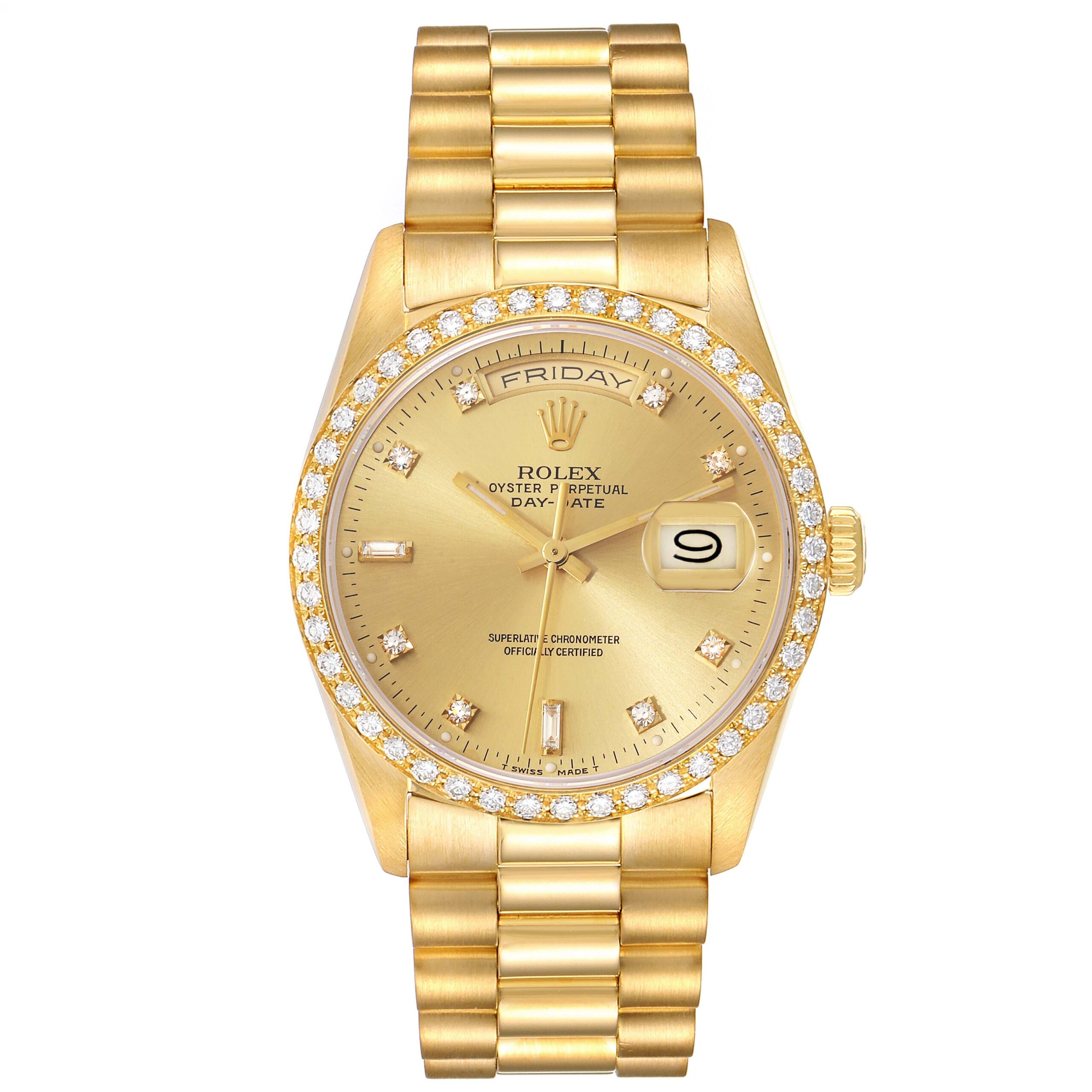 Rolex President Day Date 36mm Yellow Gold Diamond Mens Watch 18348