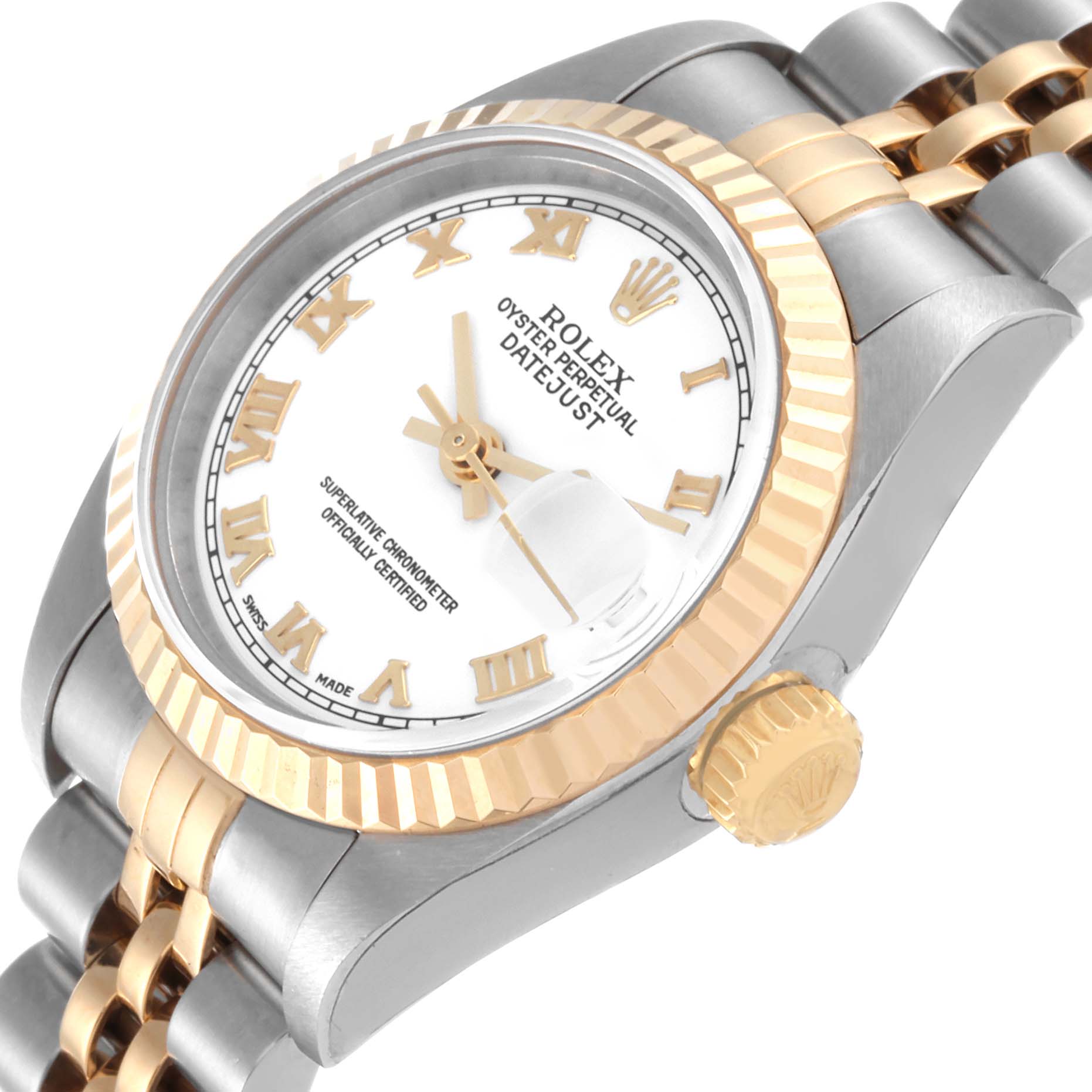 Rolex Datejust Steel Yellow Gold White Roman Dial Ladies Watch 79173 Box Papers