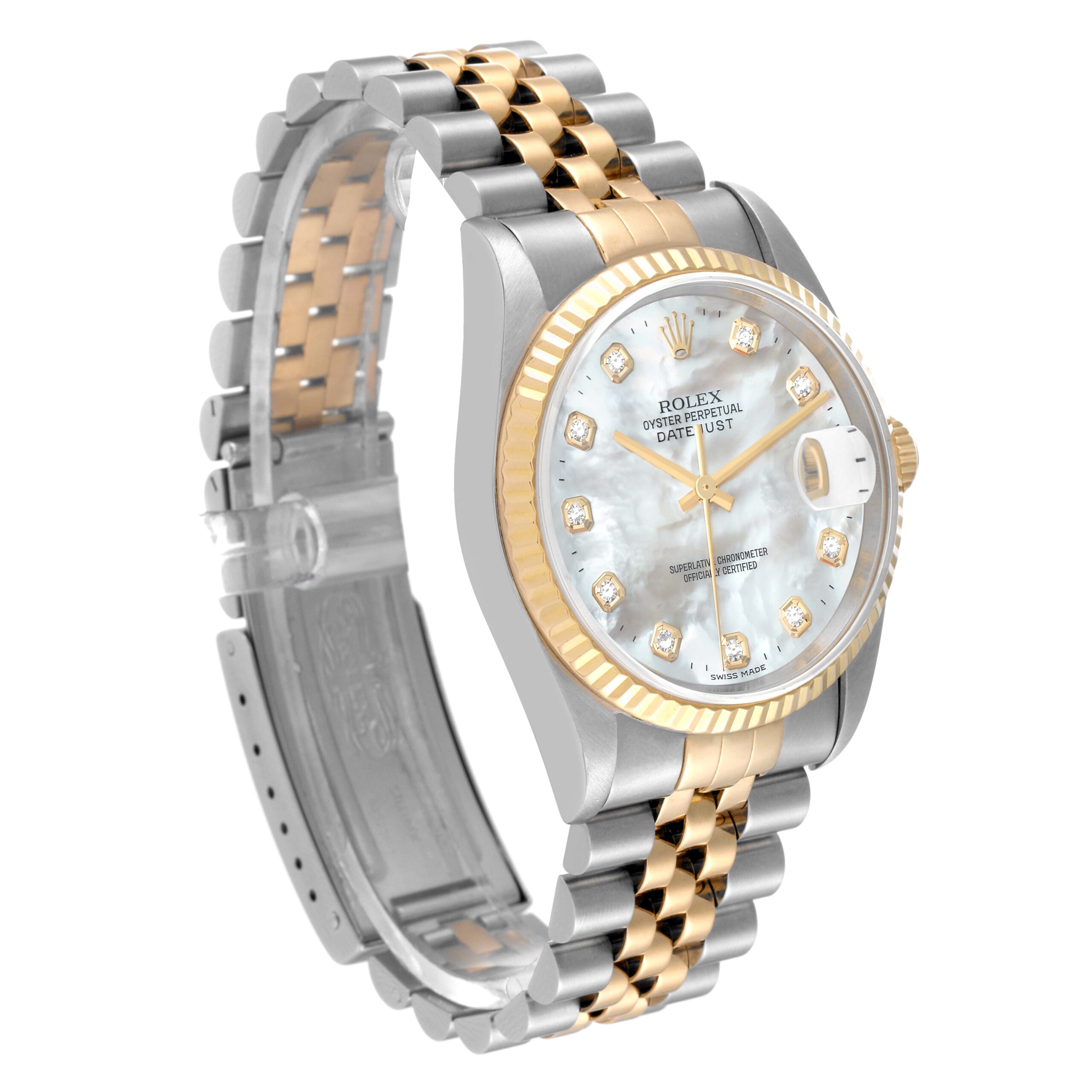 Rolex Datejust Steel Yellow Gold Mother of Pearl Diamond Dial Mens Watch 16233