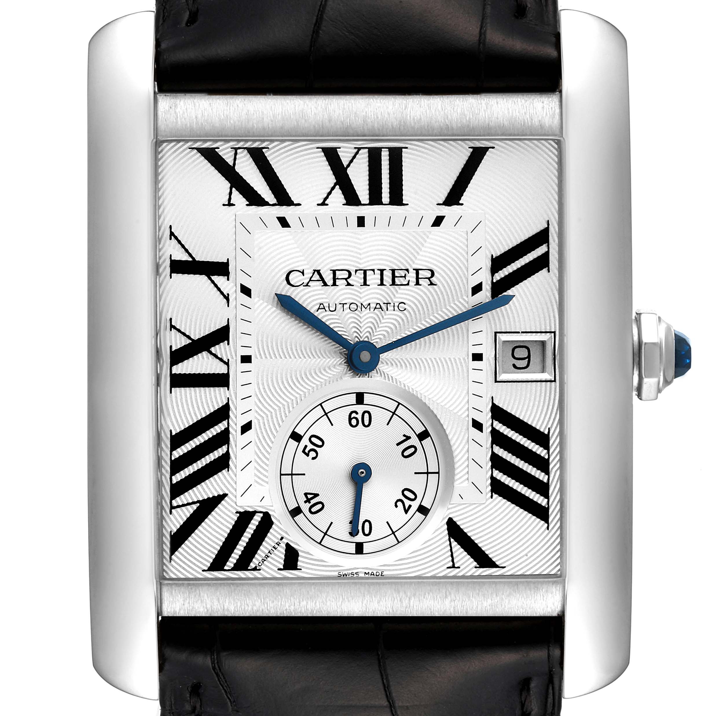 Cartier Tank MC Silver Dial Black Strap Steel Mens Watch W5330003