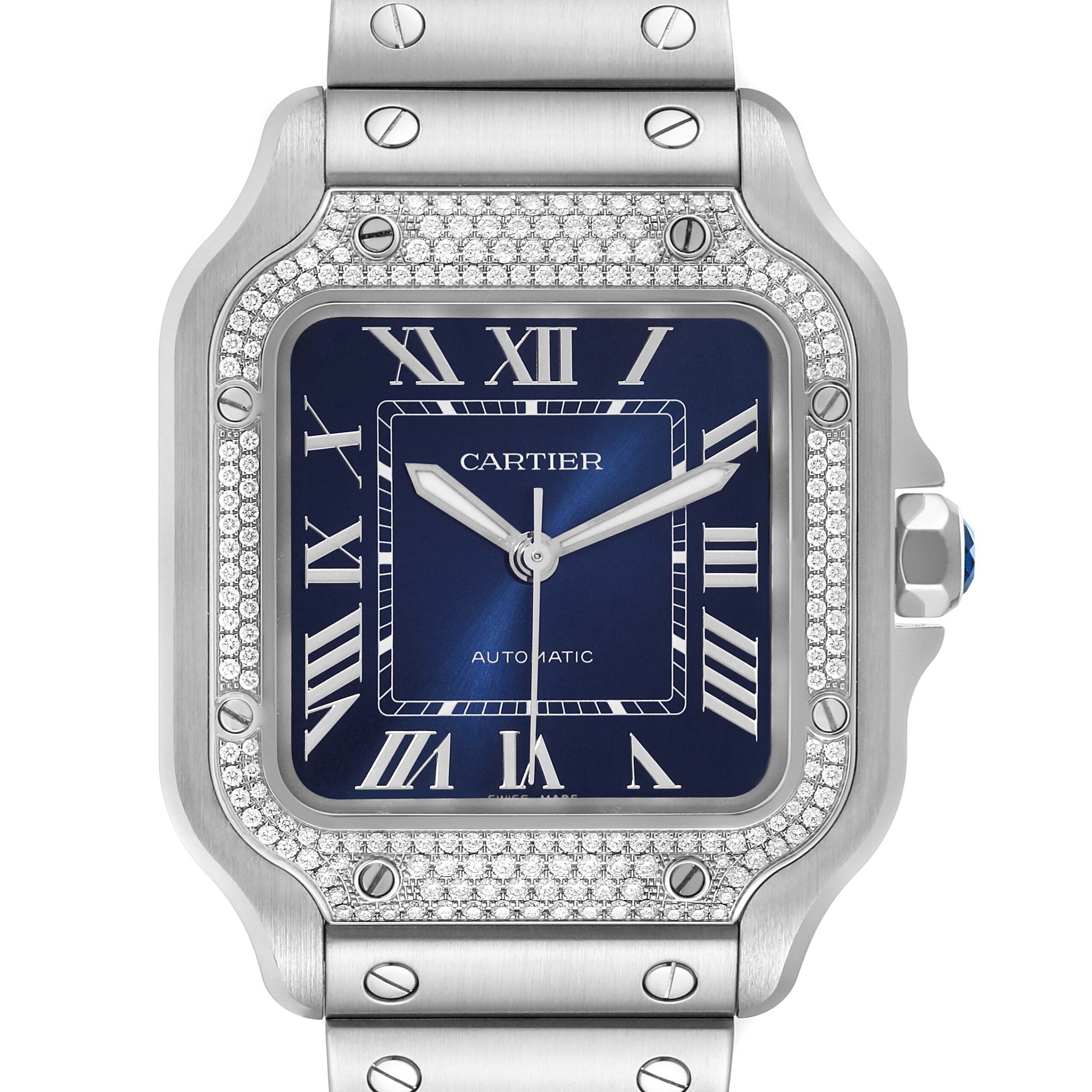 Cartier Santos Stainless Steel Diamond Blue Dial Mens Watch W4SA0006 Unworn