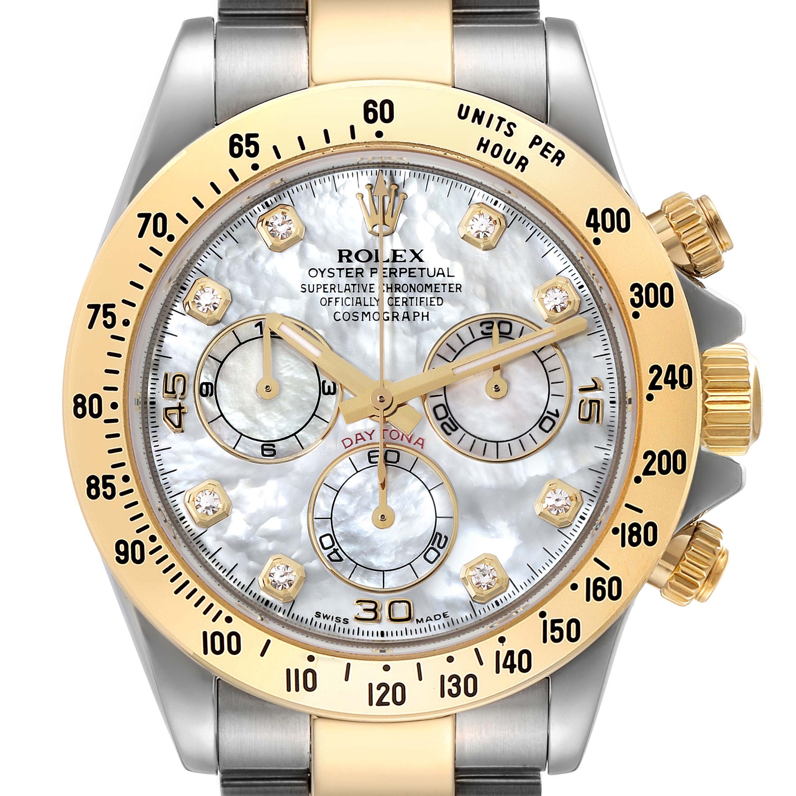 Rolex Daytona Yellow Gold Steel Mother of Pearl Diamond Mens Watch 116523 Box Card