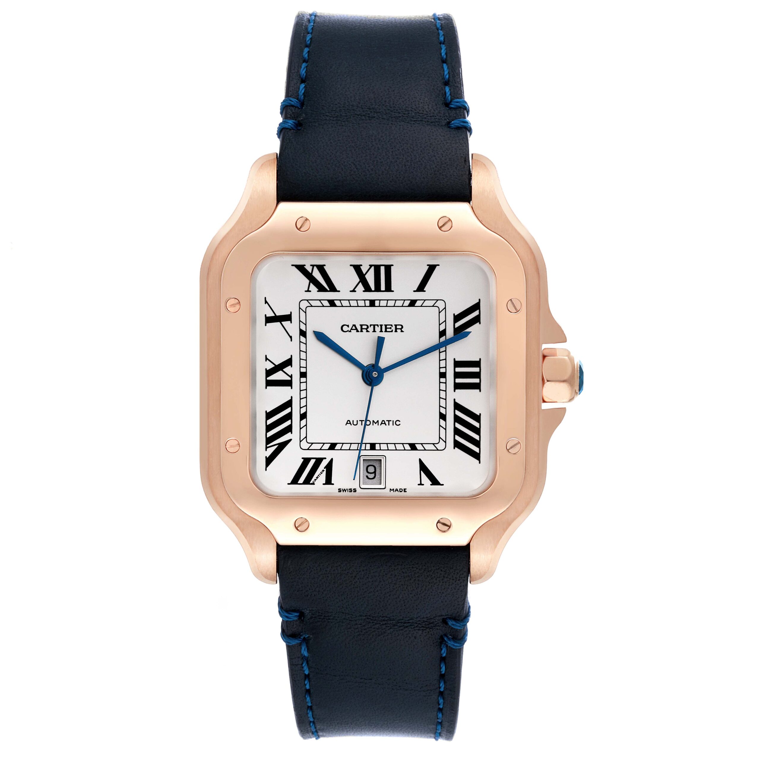 Cartier Santos Large Rose Gold Blue Strap Mens Watch WGSA0019 Card