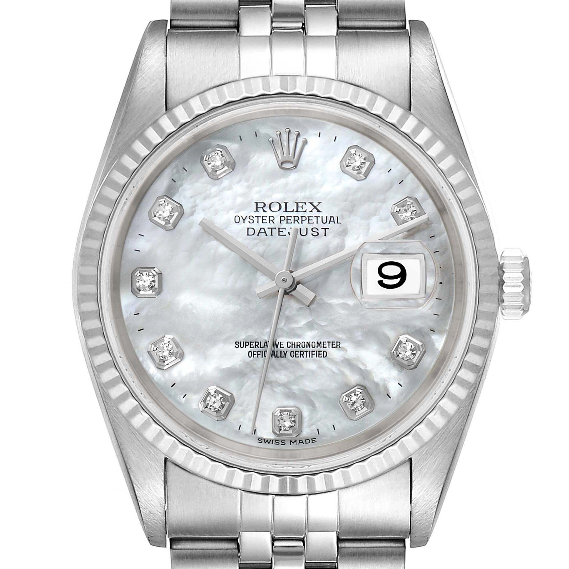 Rolex Datejust Steel White Gold Mother of Pearl Diamond Mens Watch 16234