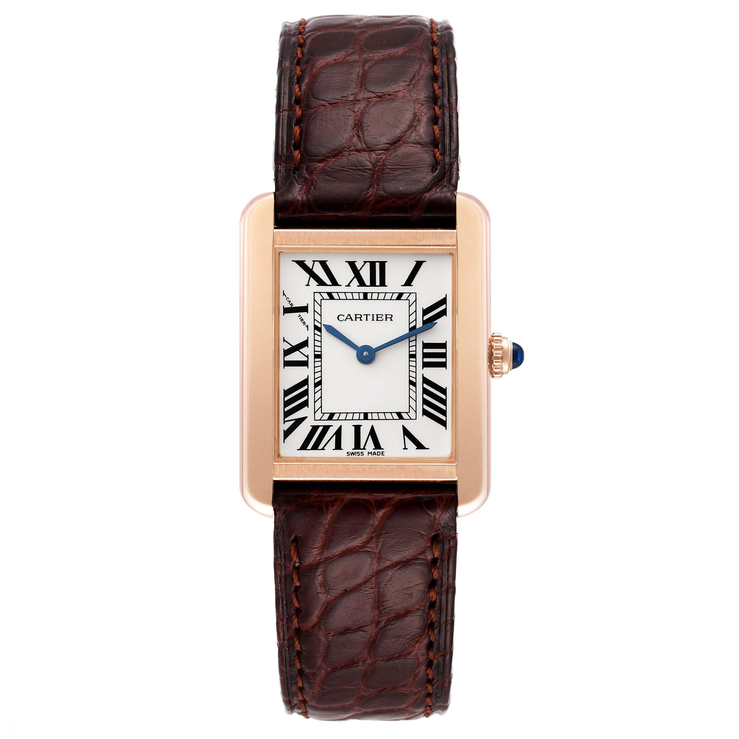 Cartier Tank Solo Rose Gold Steel Brown Strap Ladies Watch W5200024 Box Papers