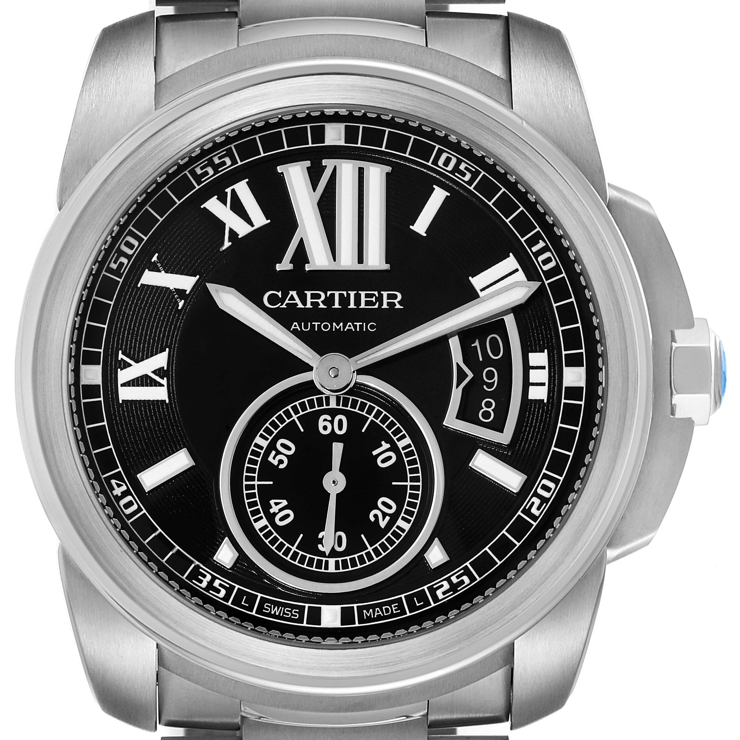 Calibre De Cartier Stainless Steel Black Dial Mens Watch W7100016 Box Papers