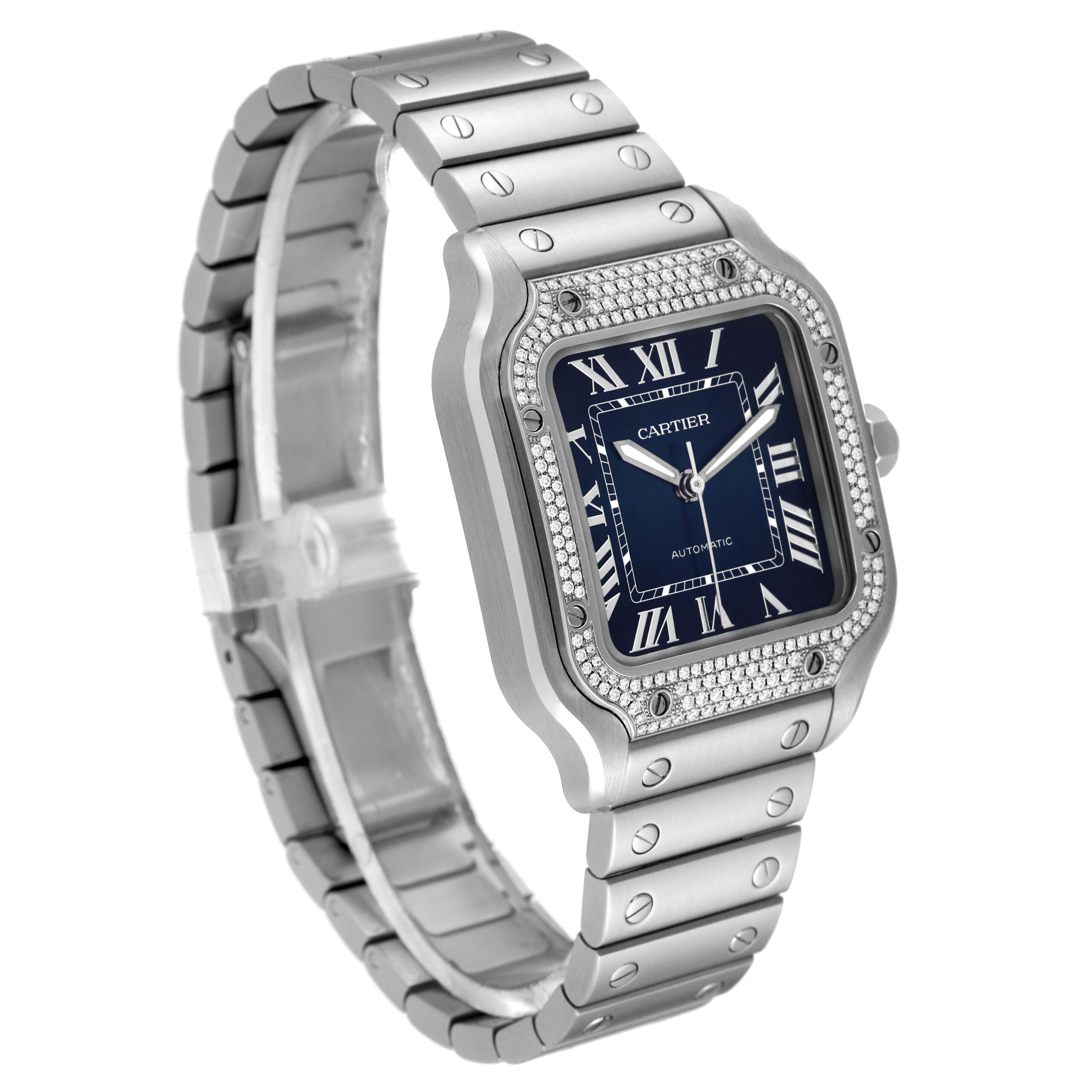Cartier Santos Stainless Steel Diamond Blue Dial Mens Watch W4SA0006 Unworn