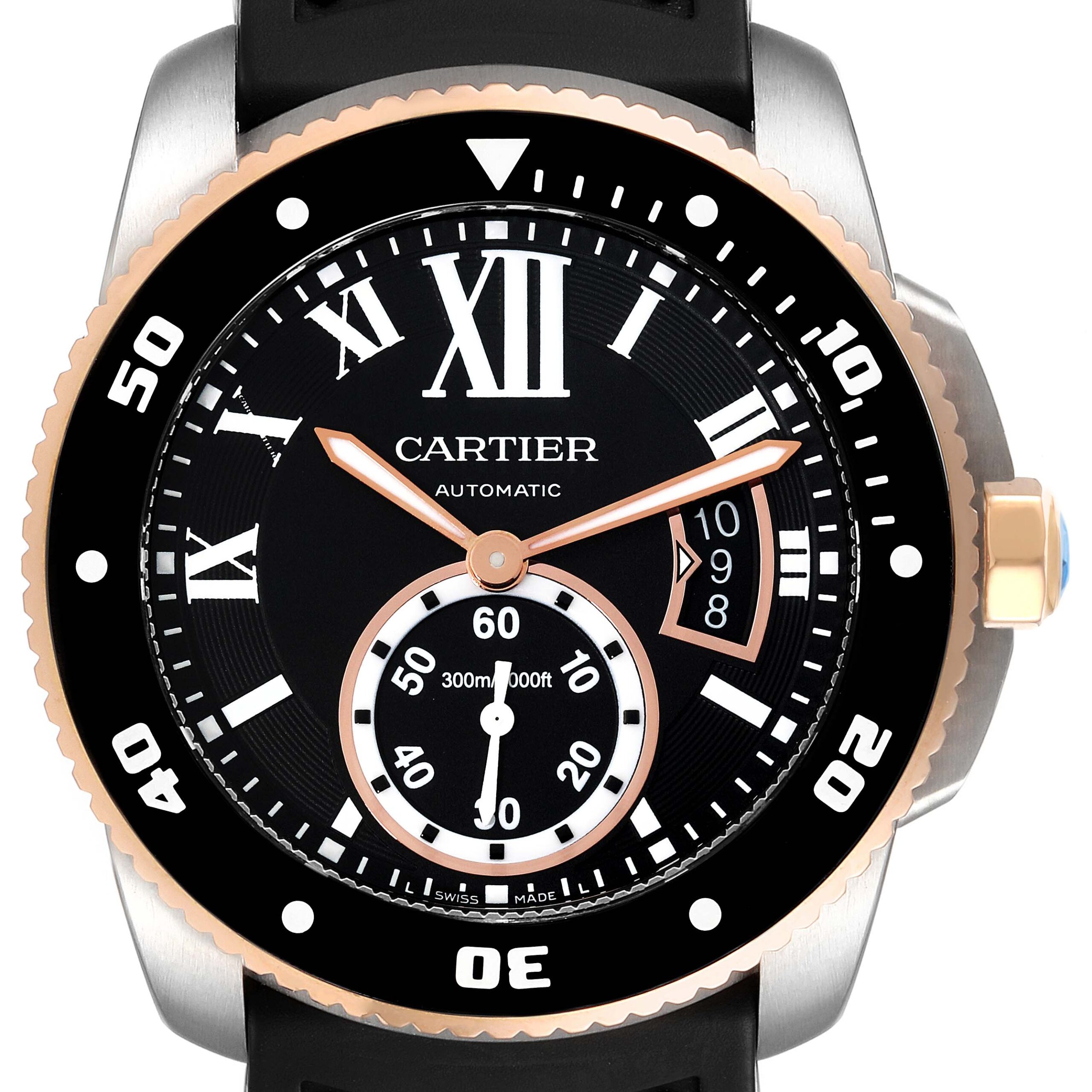 Cartier Calibre Diver Steel Rose Gold Black Dial Mens Watch W7100055 Box Papers