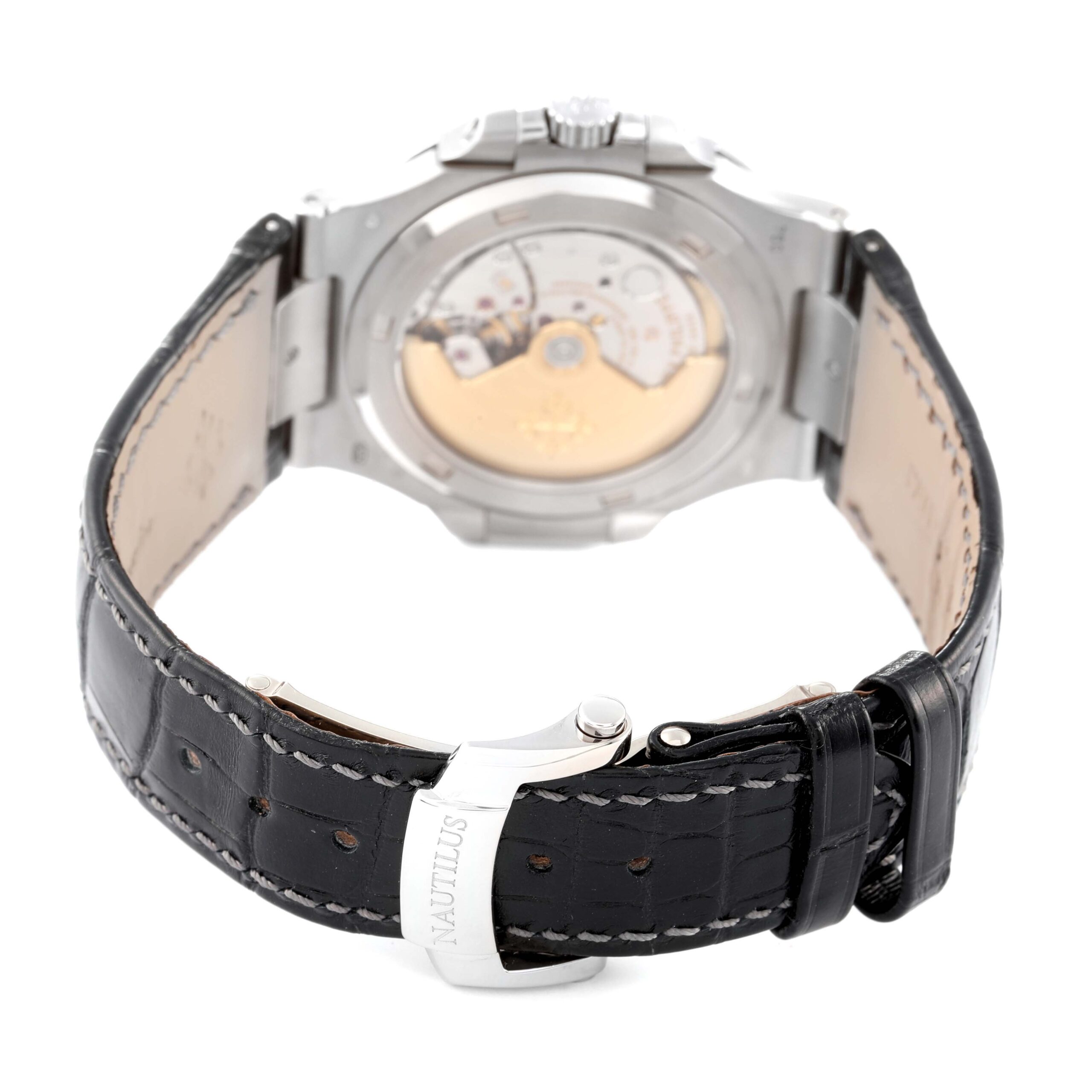 Patek Philippe Nautilus 18K White Gold Black Strap Mens Watch 5711 Box Papers