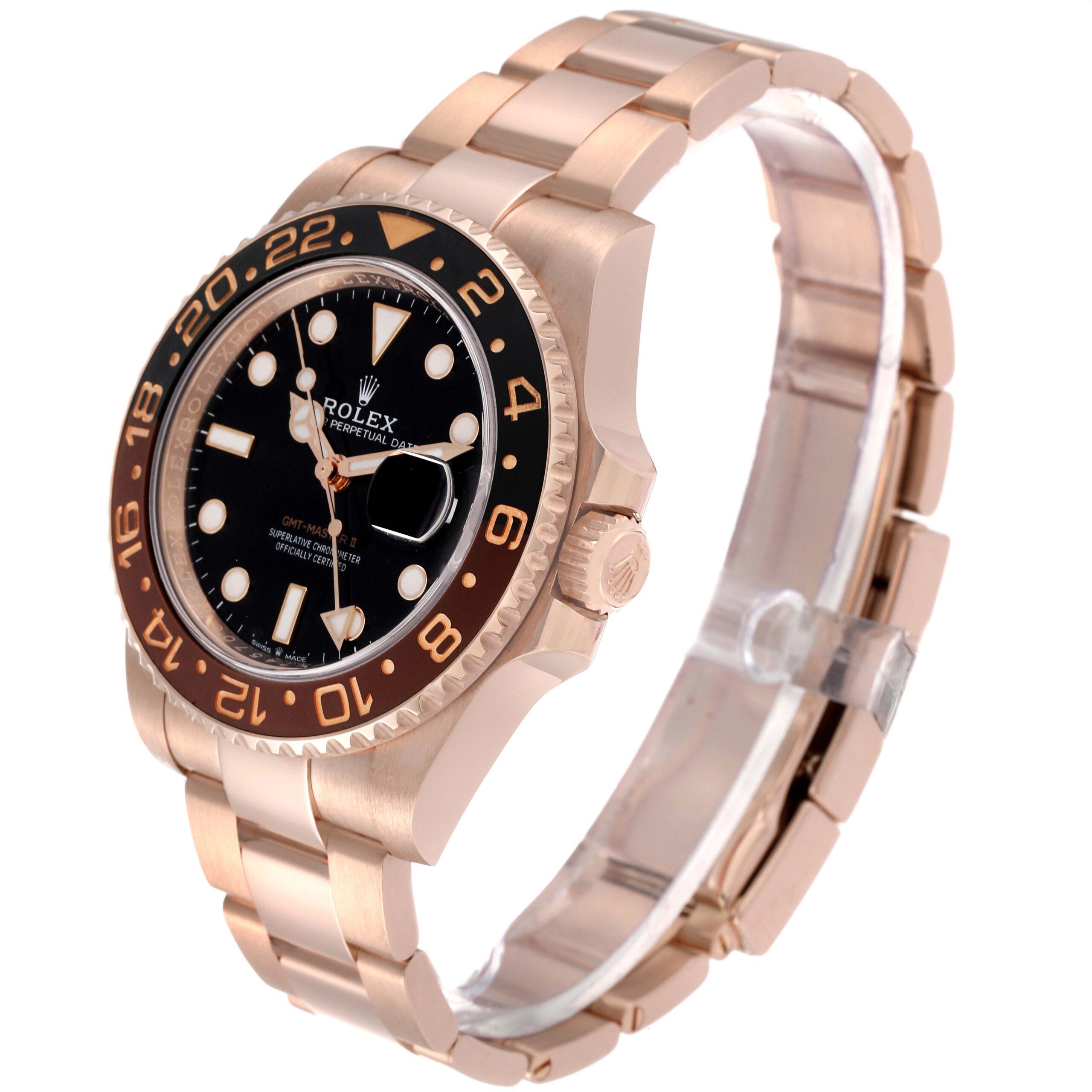 Rolex GMT Master II Black Brown Root Beer Rose Gold Mens Watch 126715 Box Card
