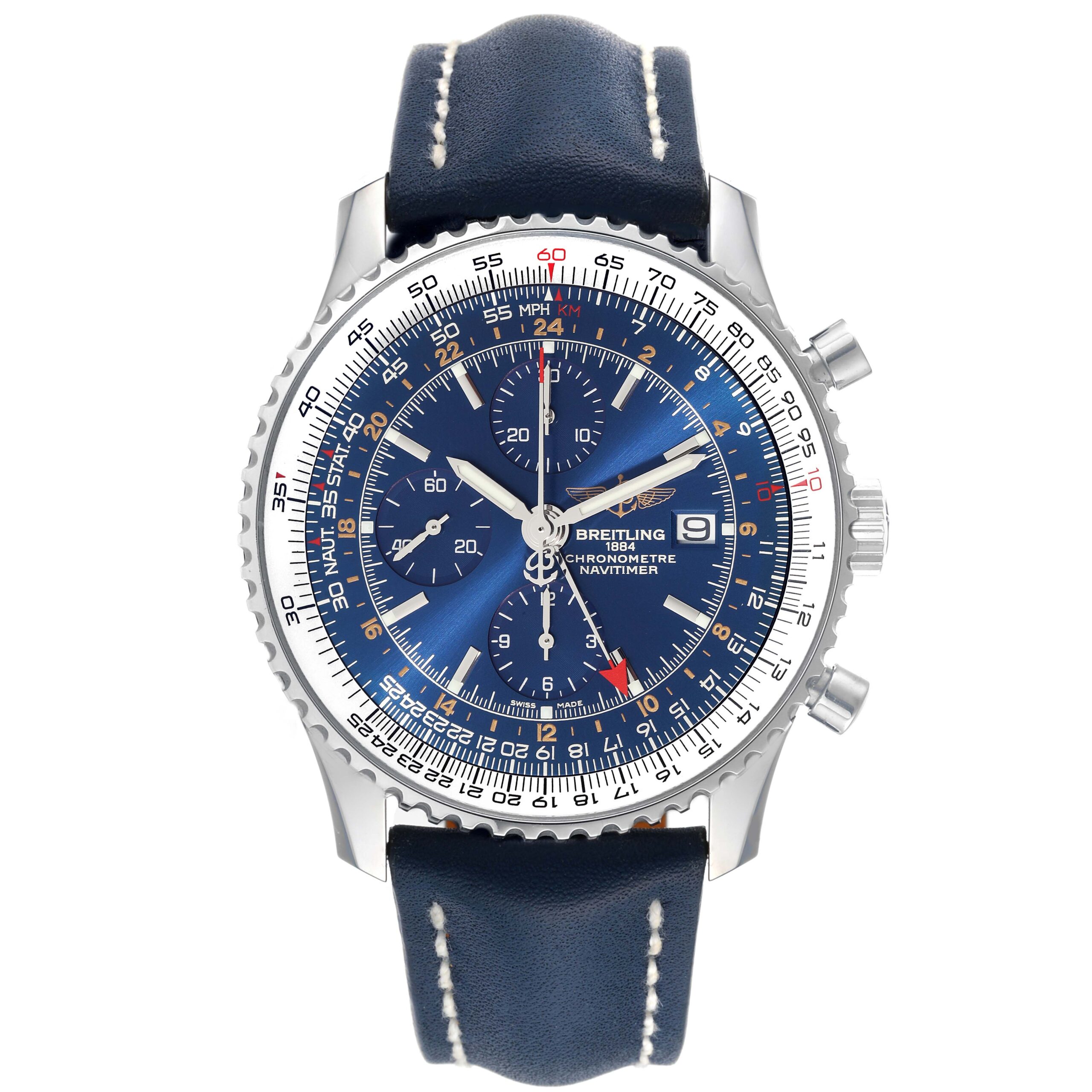 Breitling Navitimer World Blue Dial Steel Mens Watch A24322 Box Papers