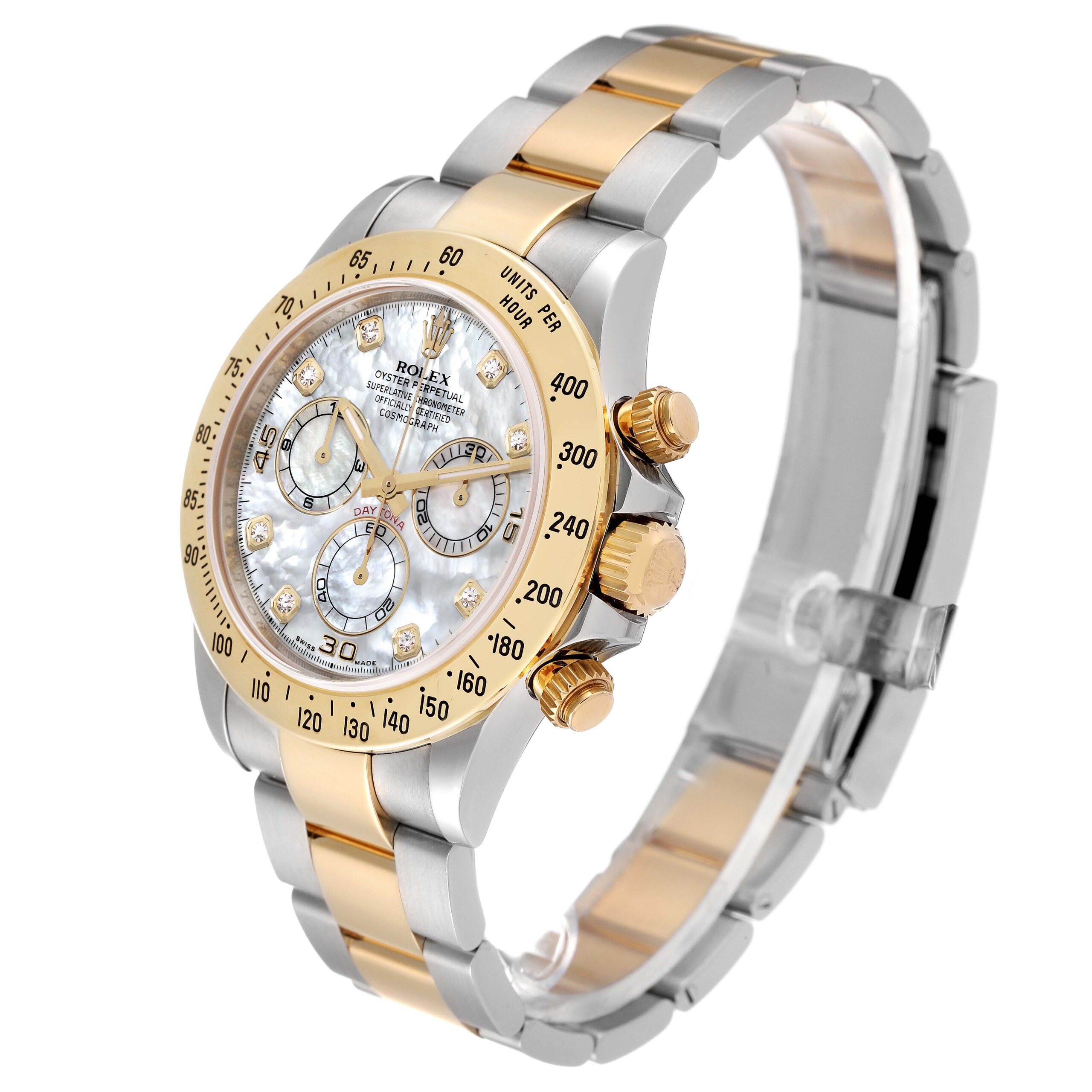 Rolex Daytona Yellow Gold Steel Mother of Pearl Diamond Mens Watch 116523 Box Card