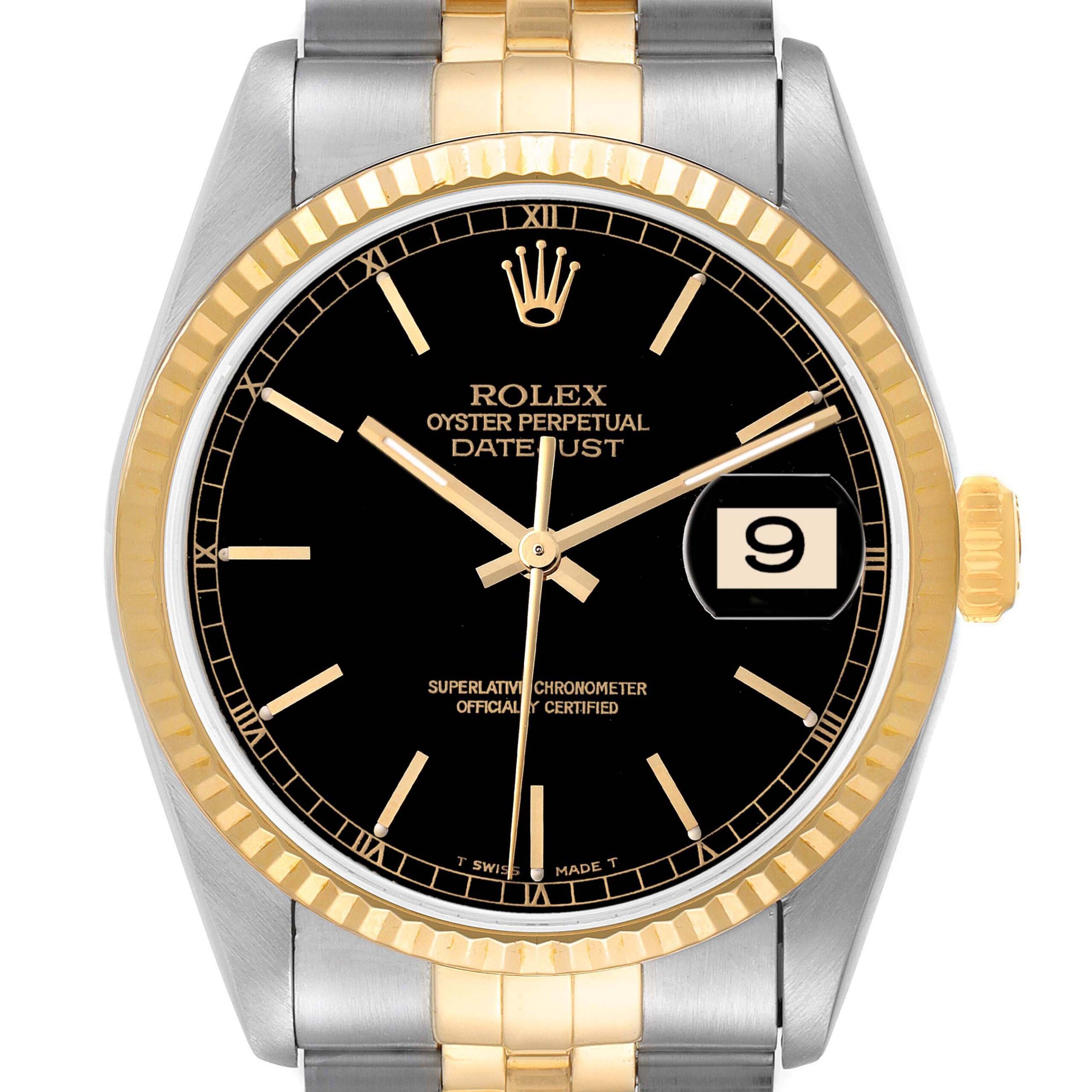 Rolex Datejust Steel Yellow Gold Black Dial Mens Watch 16233