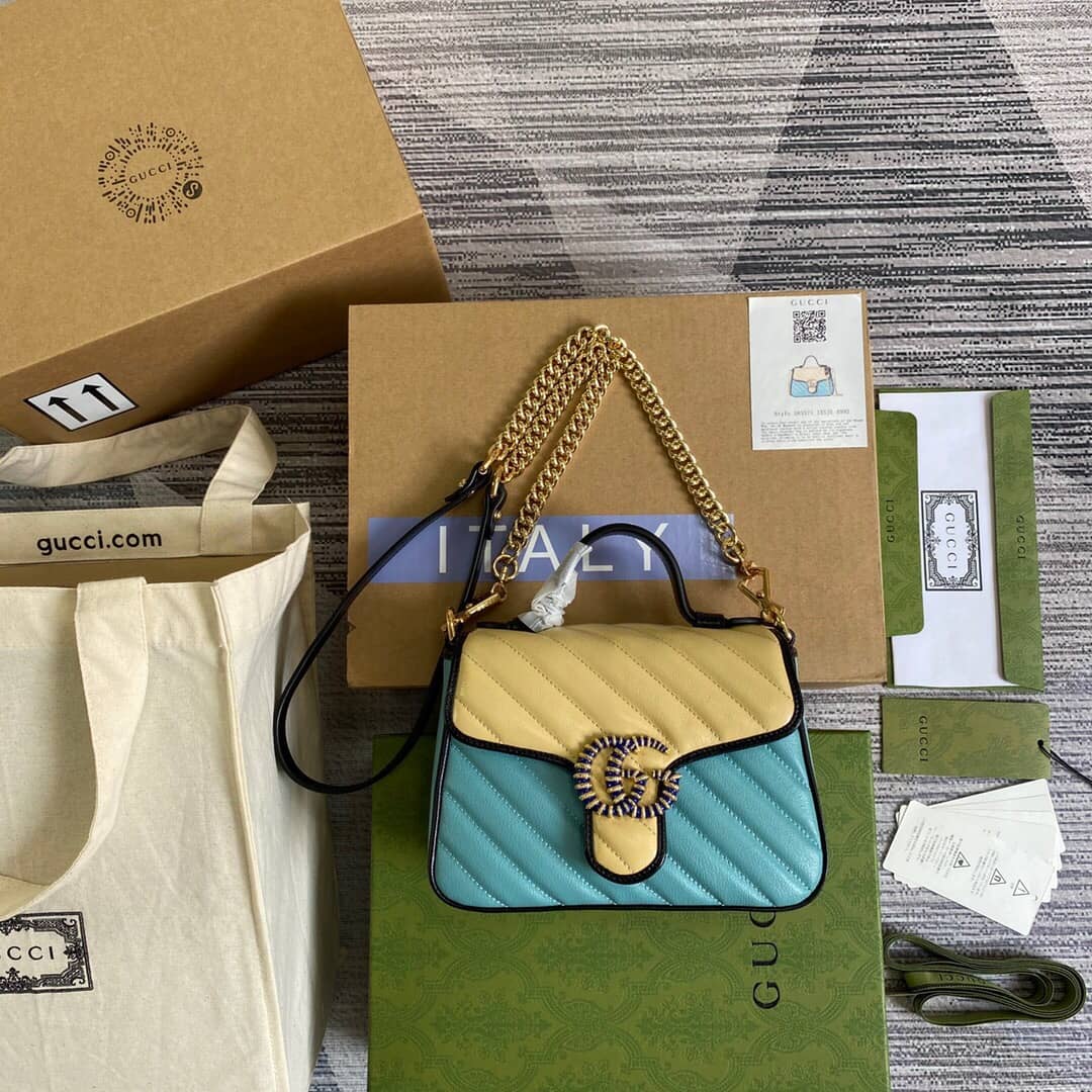 Gucci GG Marmont Mini Top Handle Bag Replica Blue Yellow 583571
