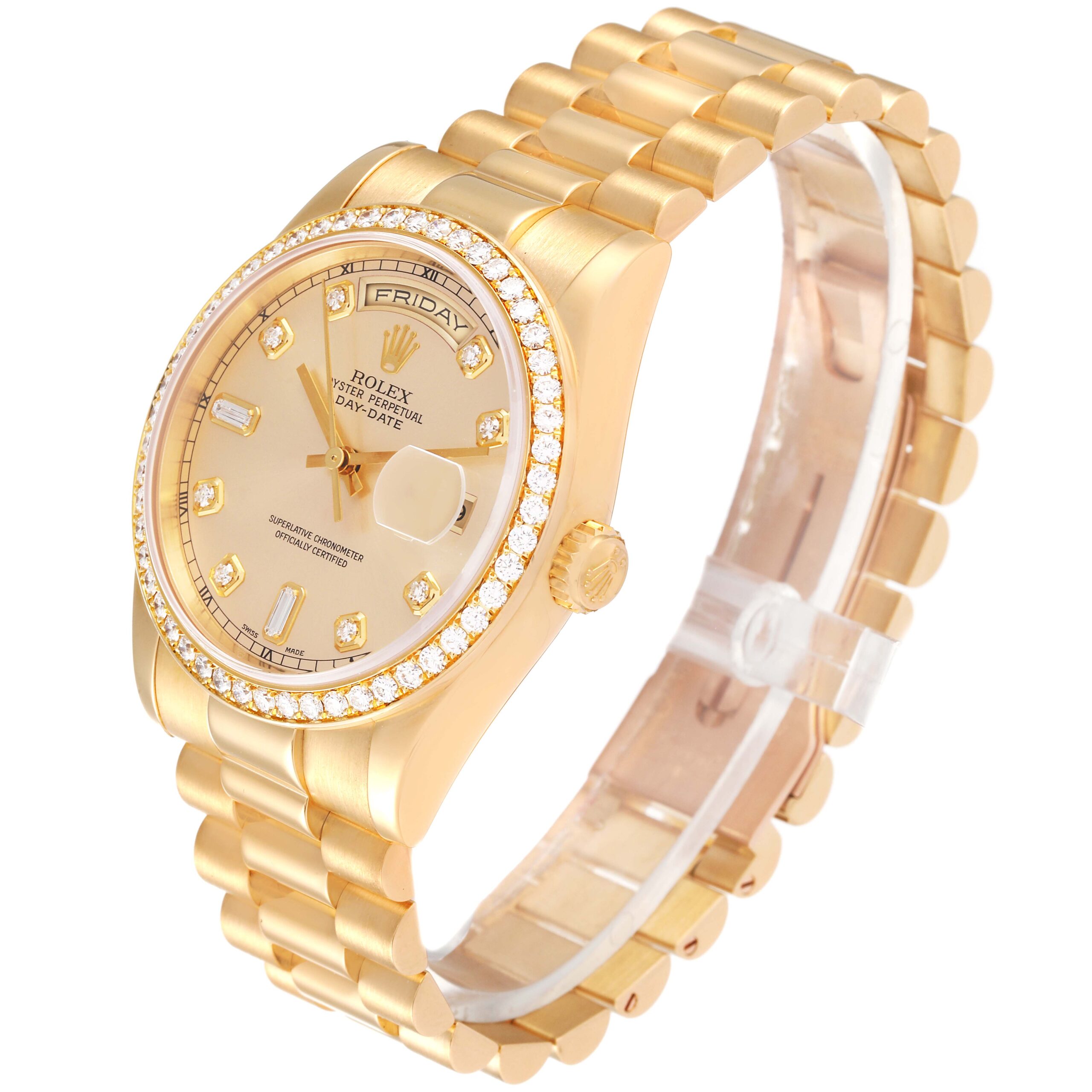 Rolex President Day-Date Yellow Gold Diamond Bezel Mens Watch 118348 Box