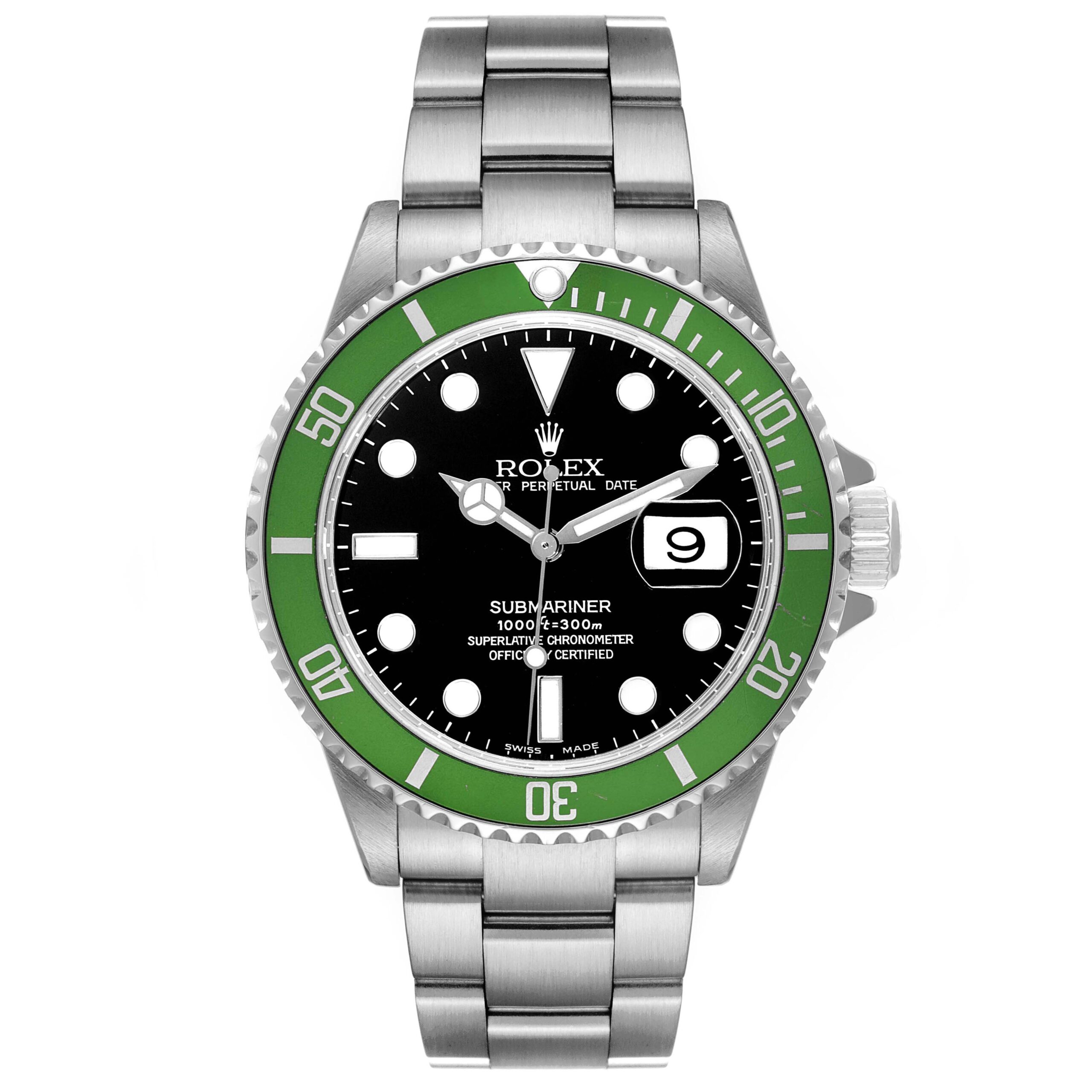 Rolex Submariner Kermit Green Bezel Flat 4 Steel Mens Watch 16610LV
