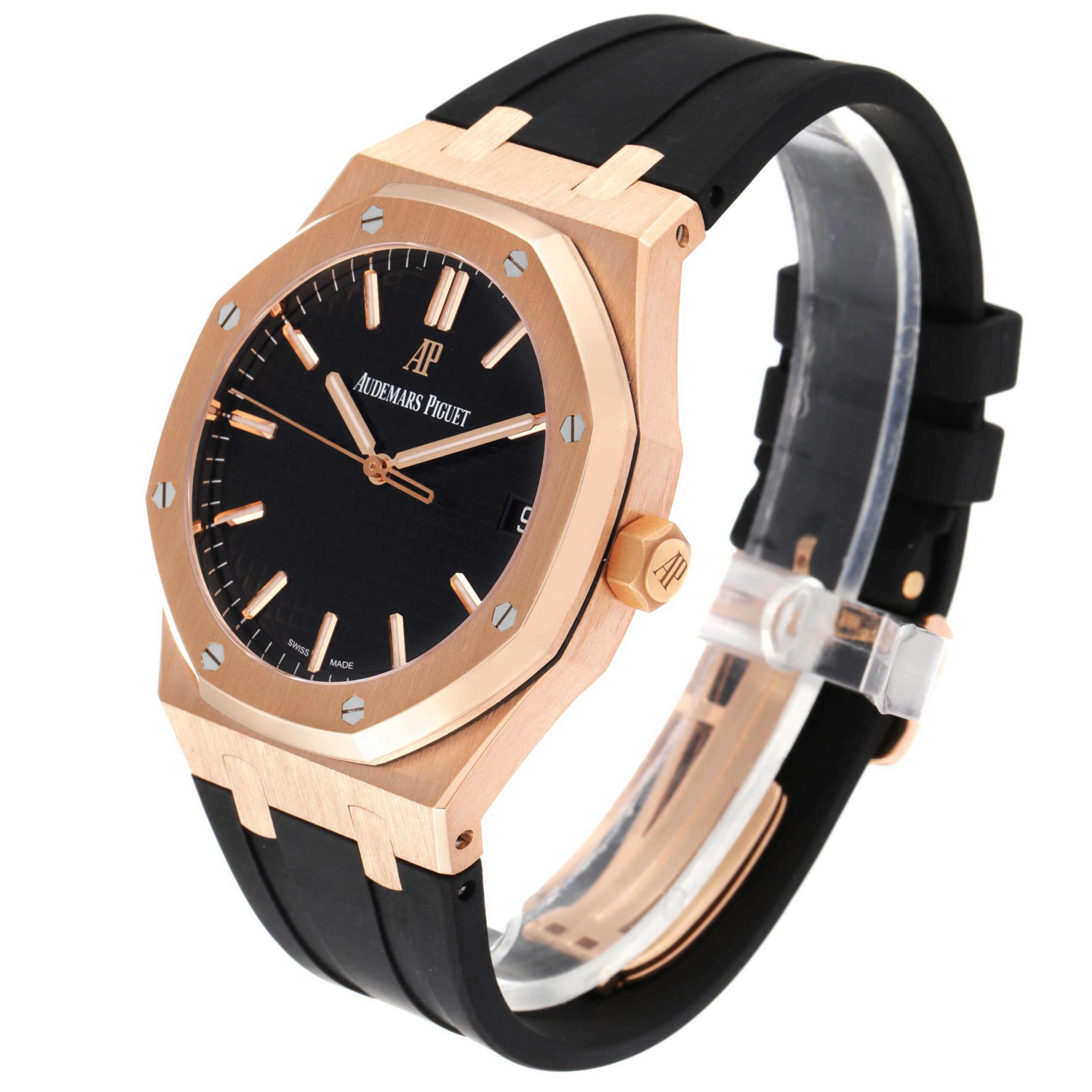 Audemars Piguet Royal Oak 18k Rose Gold Black Dial Watch 15500OR Box Papers