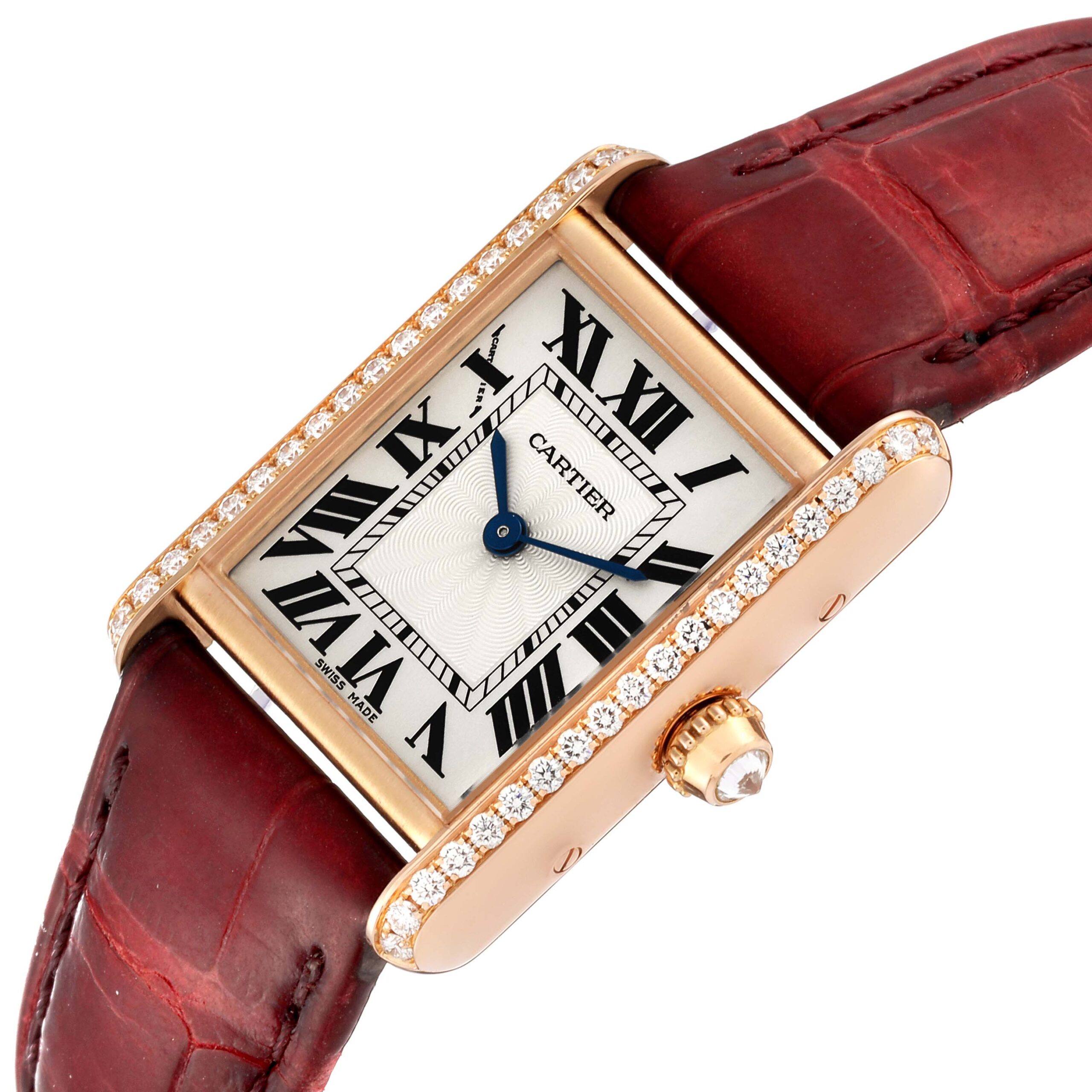 Cartier Tank Louis Rose Gold Diamond Burgundy Strap Ladies Watch WJTA0010 Papers