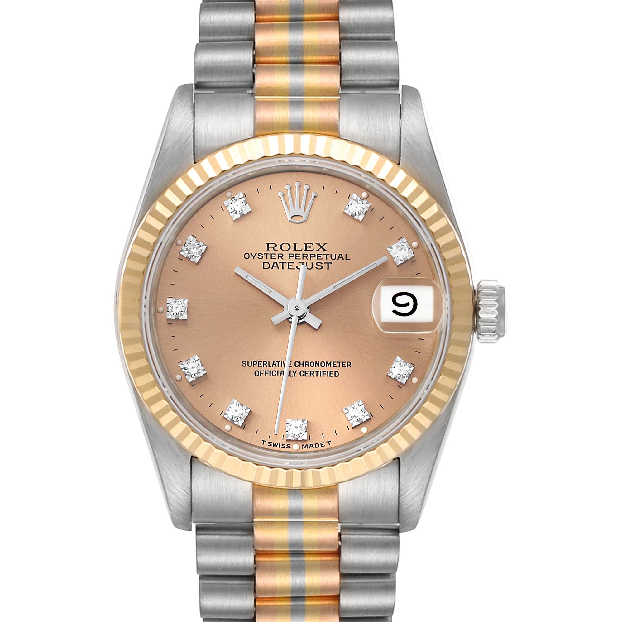 Rolex President Midsize Tridor White Yellow Rose Gold Diamond Ladies Watch 68279