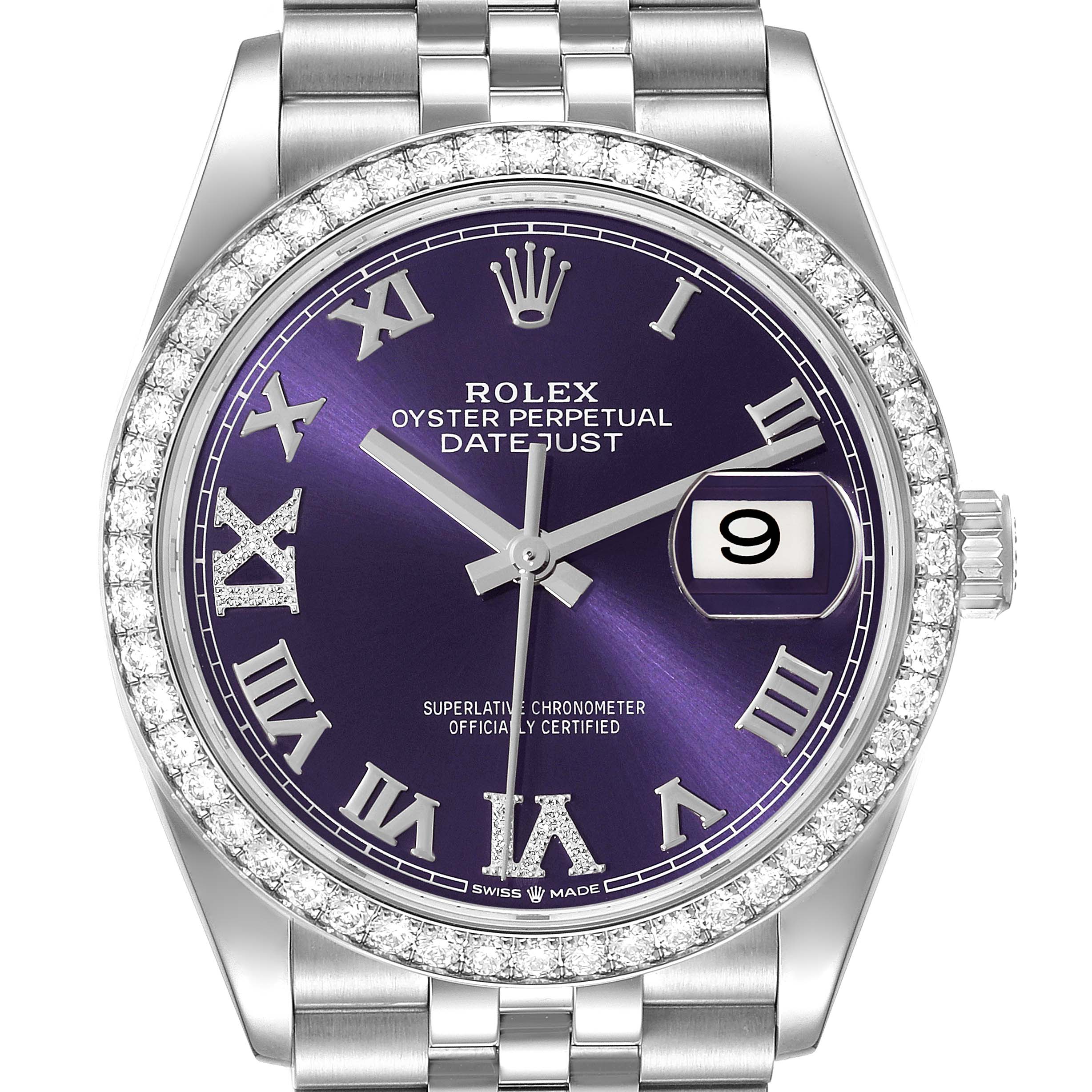 Rolex Datejust Steel Purple Diamond Dial Bezel Mens Watch 126284 Unworn