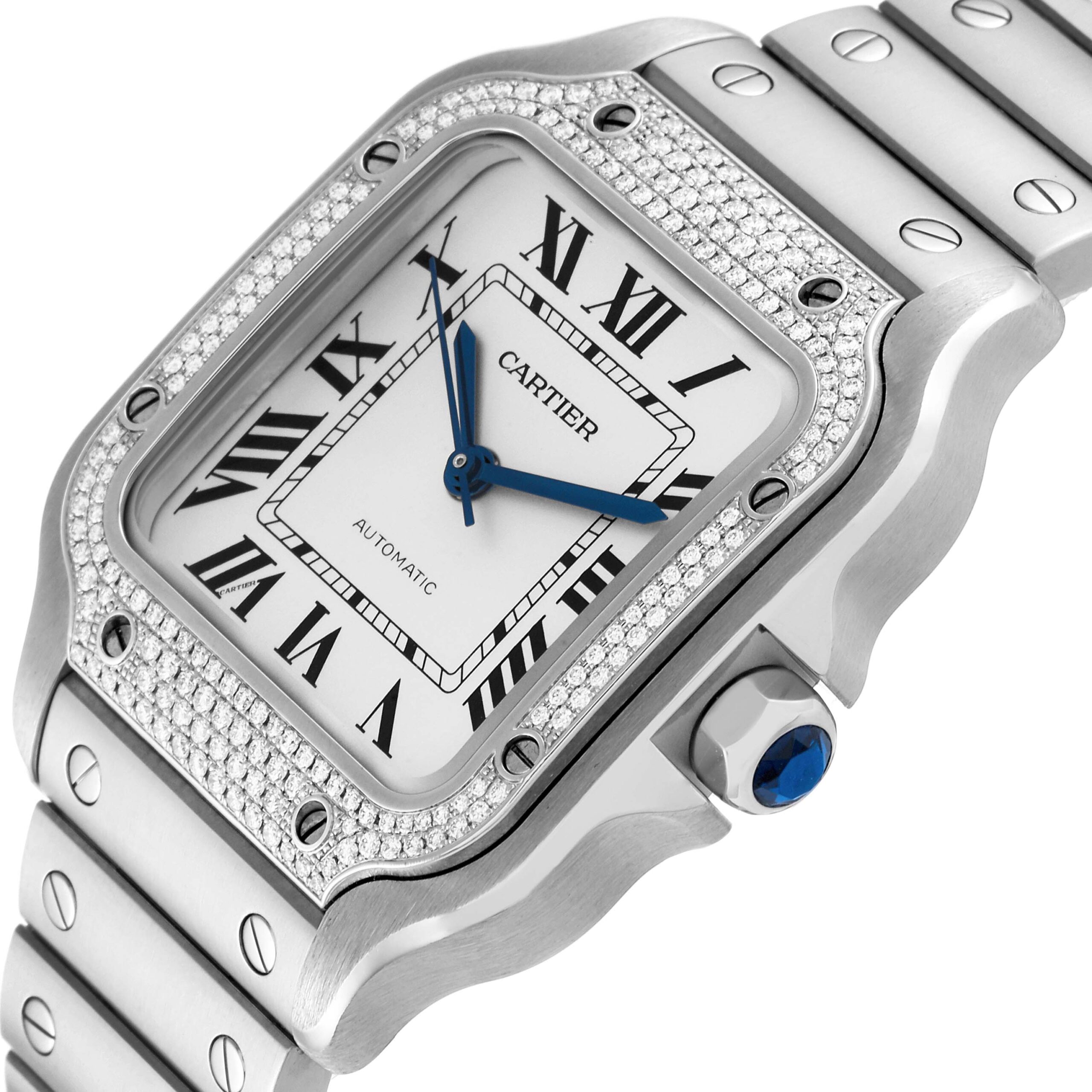 Cartier Santos Silver Dial Medium Steel Diamond Mens Watch W4SA0005