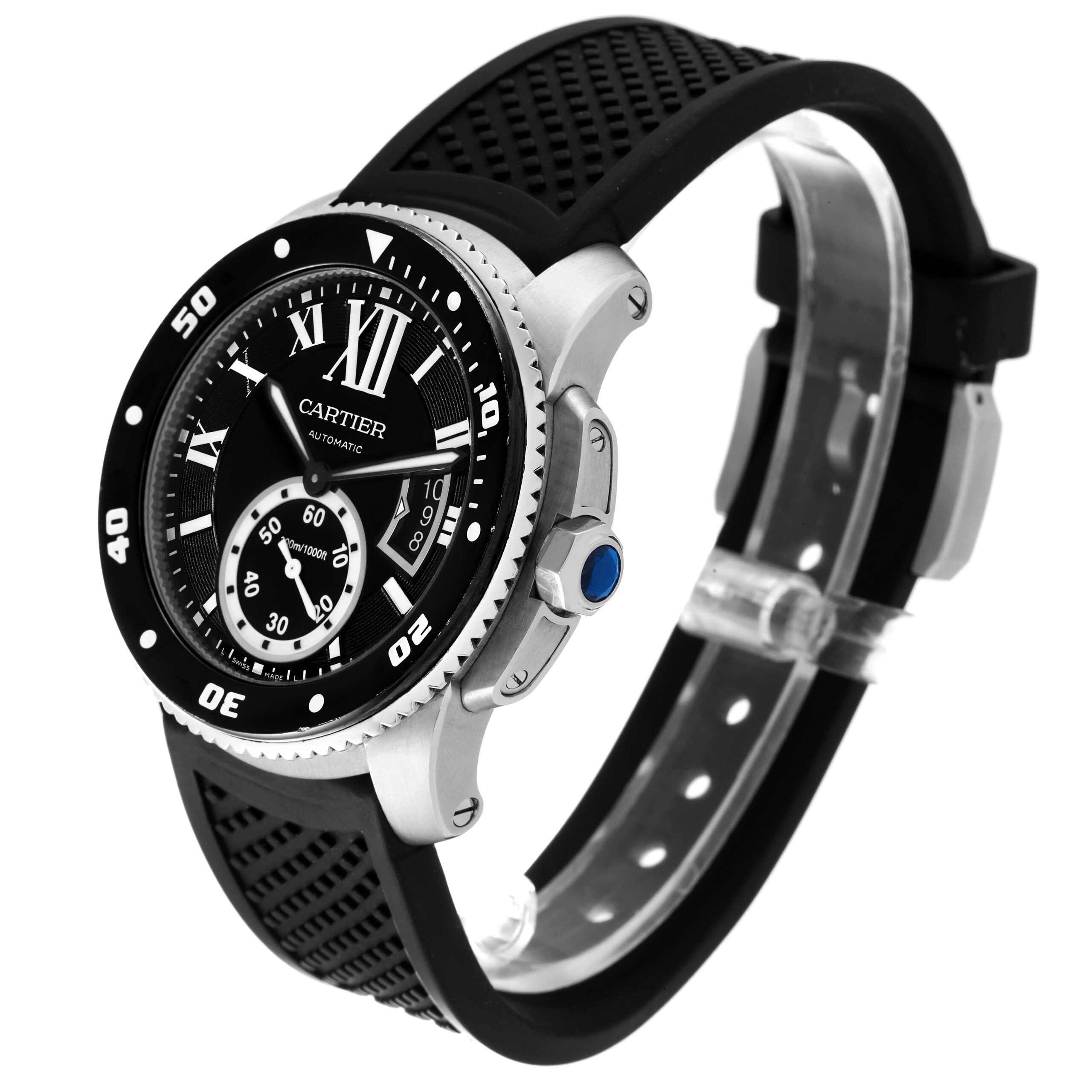 Cartier Calibre Diver Black Dial Rubber Strap Steel Mens Watch W7100056 Papers