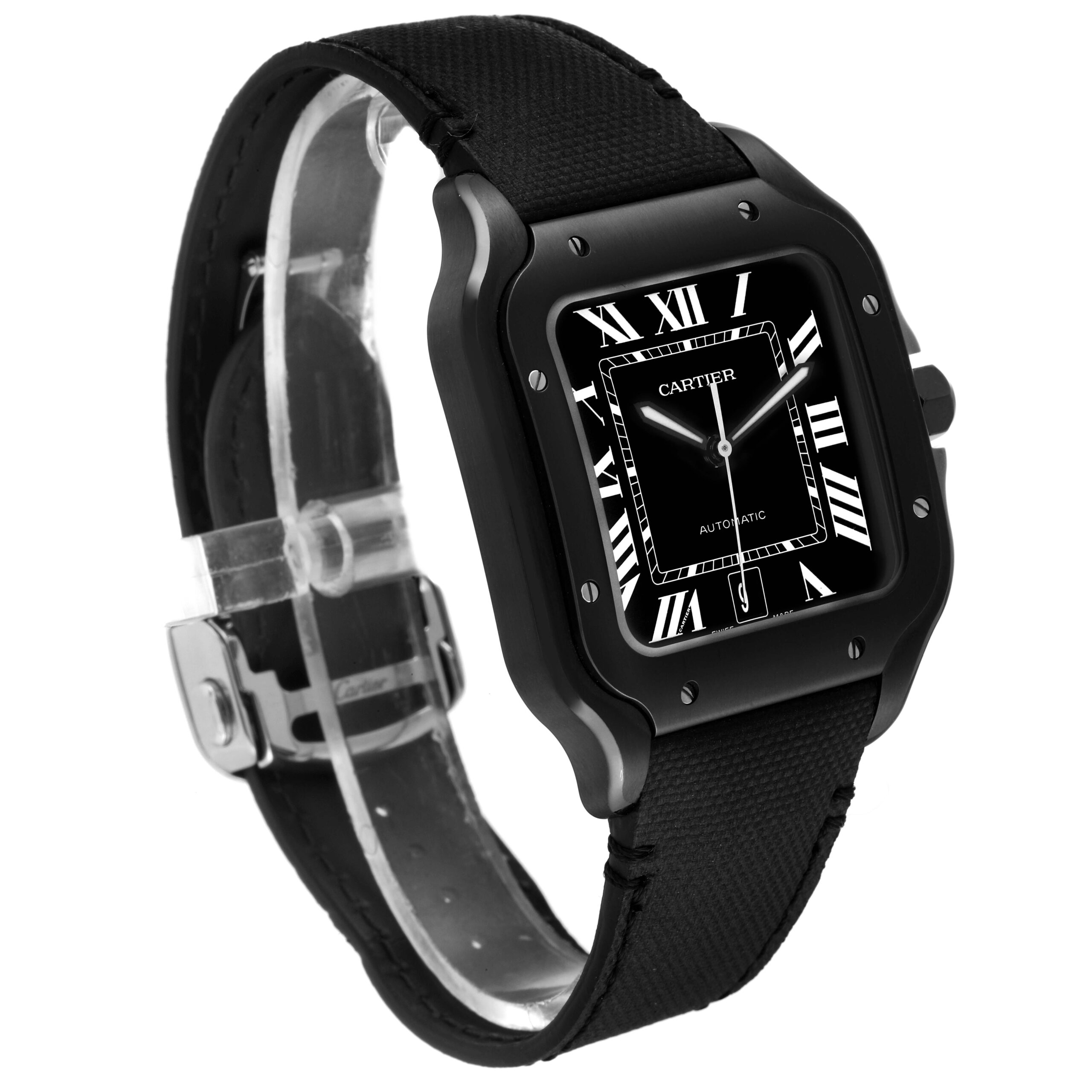 Cartier Santos de Cartier Black Leather Strap Steel Mens Watch WSSA0039 Box Card