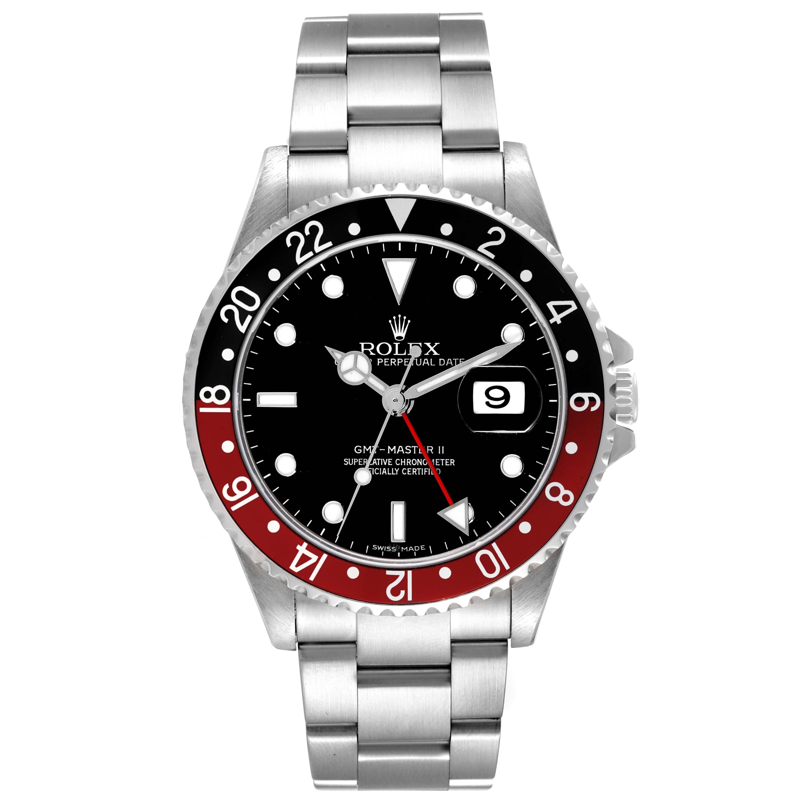 Rolex GMT Master II Black Red Coke Bezel Error Dial Mens Watch 16710 Box Papers