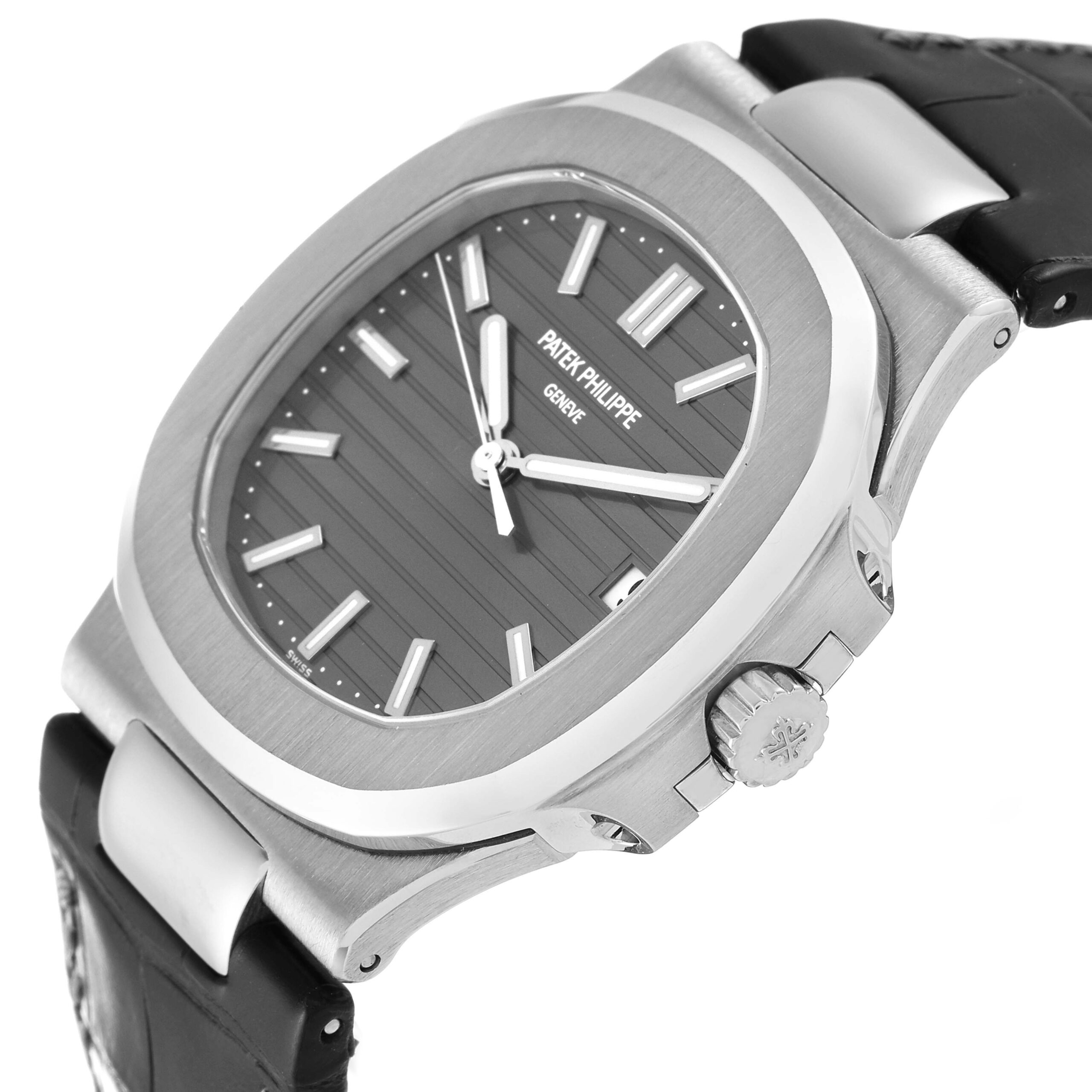 Patek Philippe Nautilus 18K White Gold Black Strap Mens Watch 5711 Box Papers