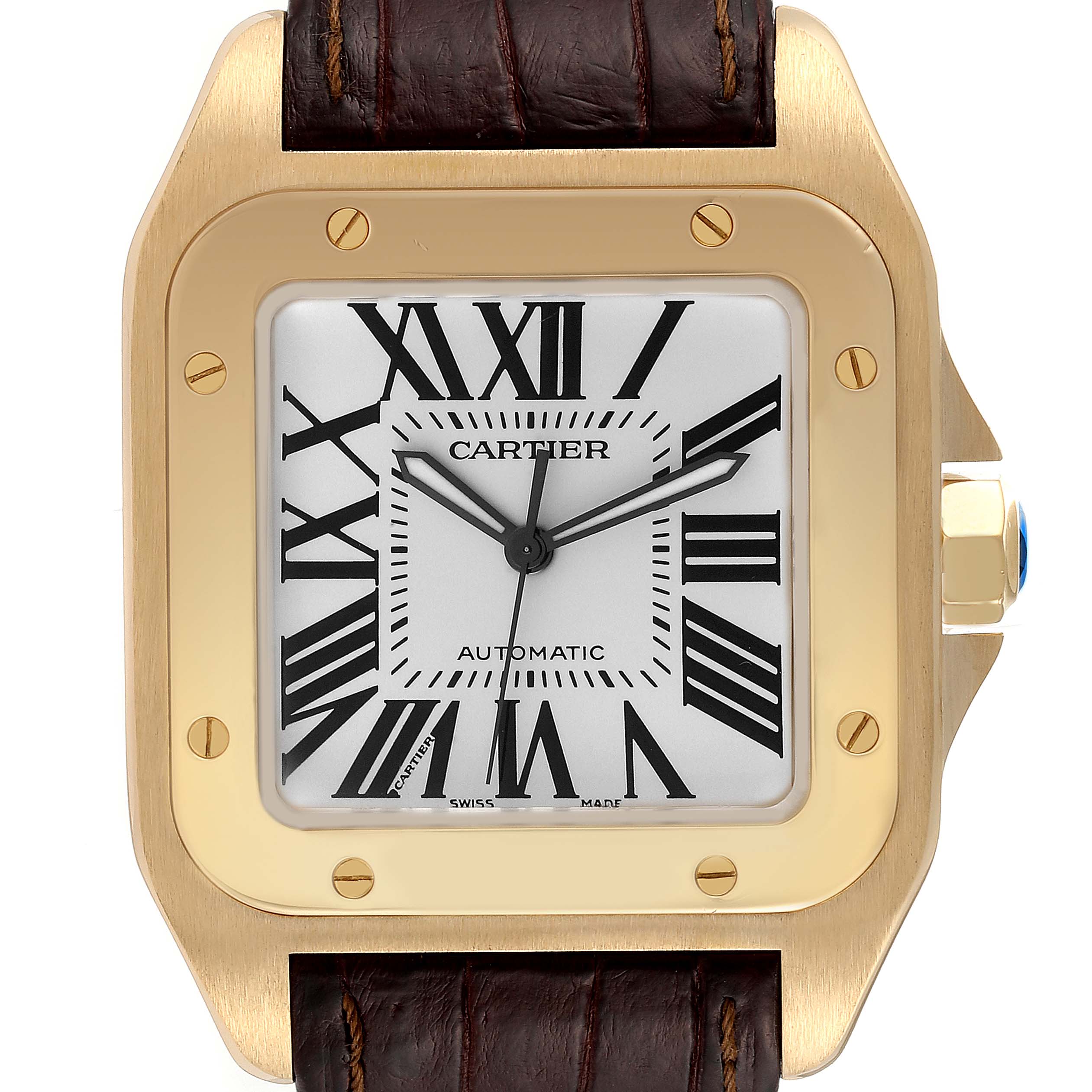 Cartier Santos 100 XL 18K Yellow Gold Brown Strap Mens Watch W20071Y1