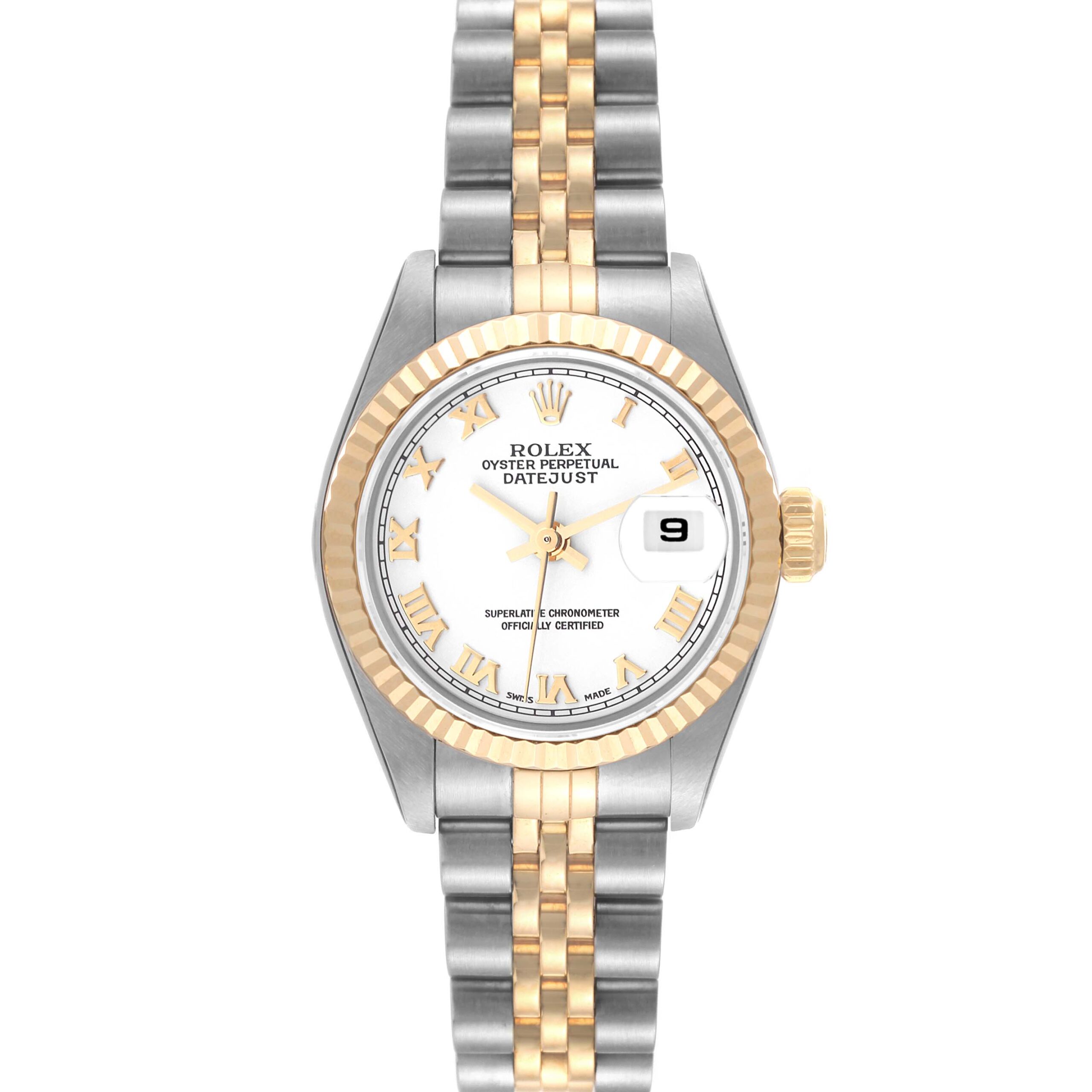 Rolex Datejust Steel Yellow Gold White Roman Dial Ladies Watch 79173 Box Papers