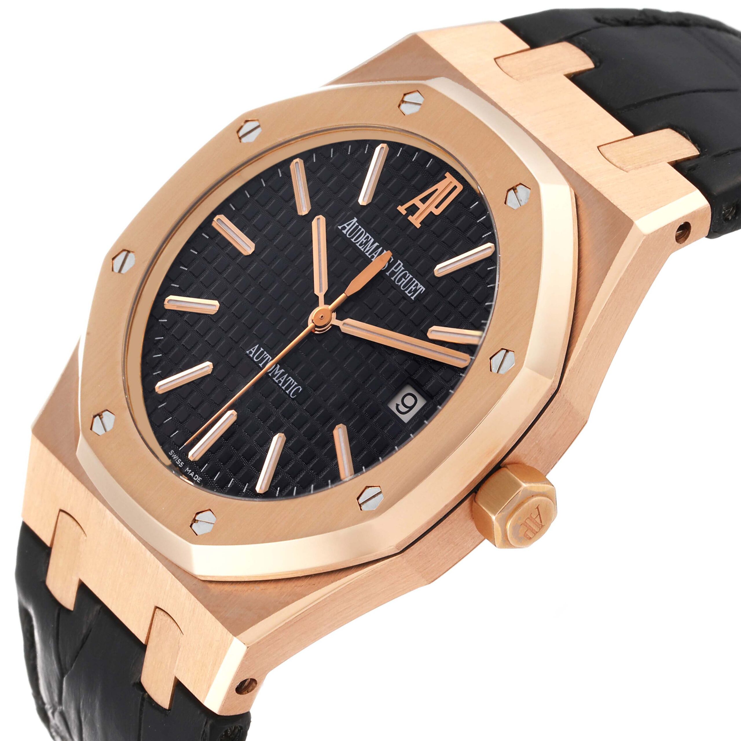 Audemars Piguet Royal Oak 18k Rose Gold Black Dial Watch 15300OR Box Papers